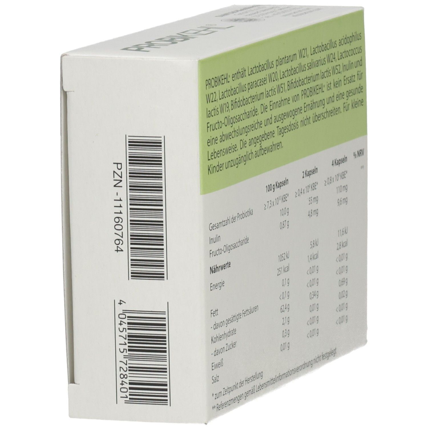 Seitenansicht der weißen Schachtel. Text mit Nährwertangaben und Inhaltsstoffen. Barcode und PZN-Nummer sichtbar.