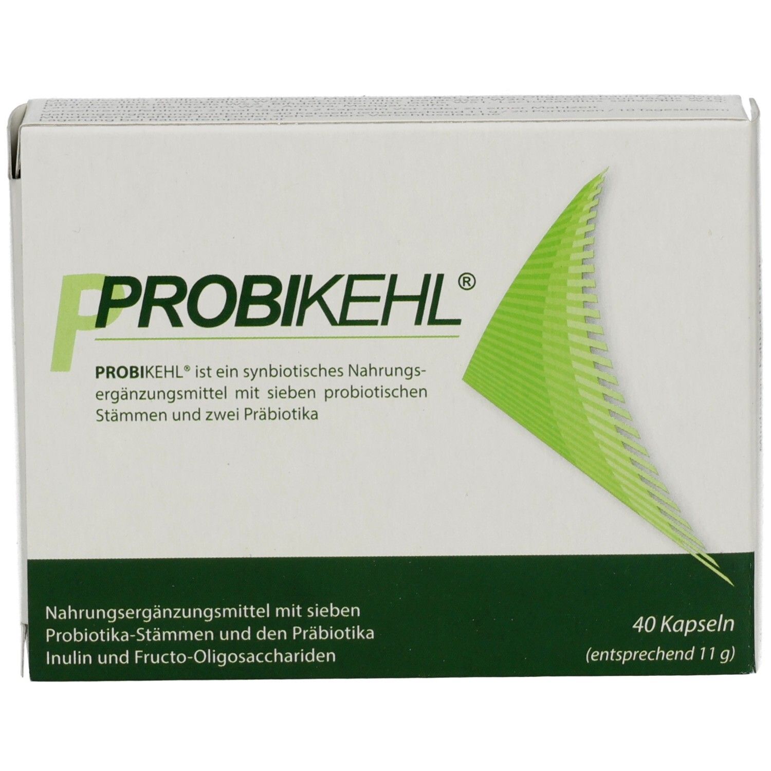 Weiße Schachtel mit PROBIKEHL-Logo und grüner Grafik. Enthält 40 Kapseln. Text: Nahrungsergänzungsmittel mit sieben Probiotika.