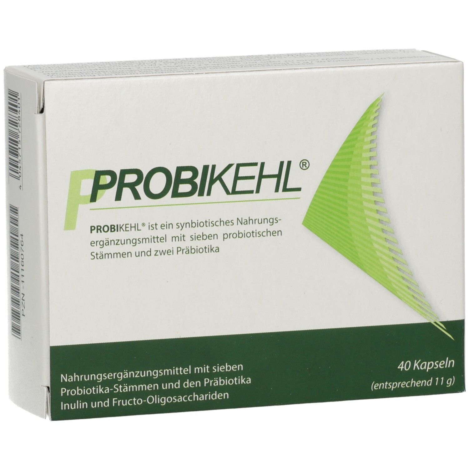 Weiße Schachtel mit PROBIKEHL-Logo und grüner Grafik. Enthält 40 Kapseln. Text: Nahrungsergänzungsmittel mit sieben Probiotika.