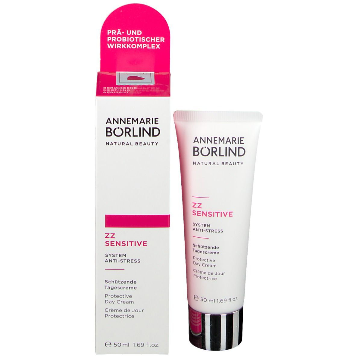 Produktverpackung mit Tube und Karton. Aufschrift: ZZ Sensitive, Protective Day Cream. 50 ml. Rosa Akzent.