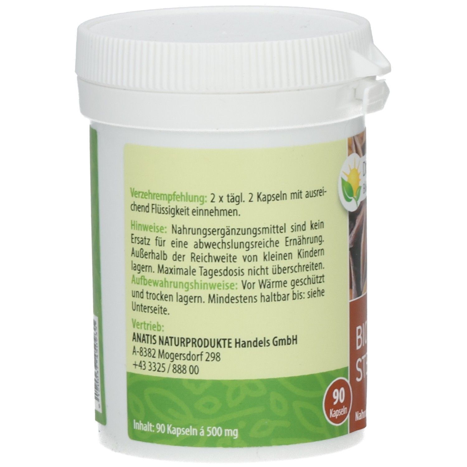 Rückseite des weißen Behälters. Text mit Verzehrempfehlung, Warnhinweisen und Herstellerinformationen. 90 Kapseln.