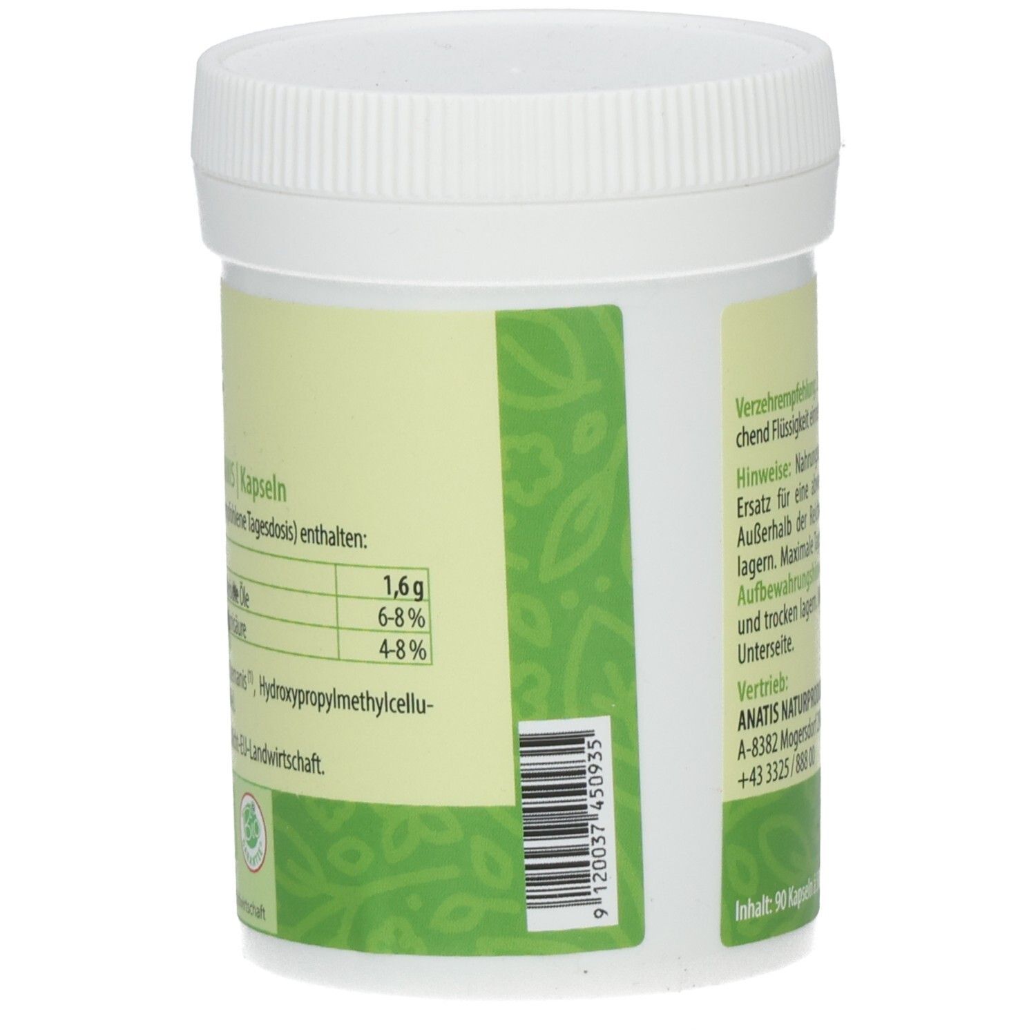 Seite des weißen Behälters mit Nährwertangaben. Enthält 1,6g Fett, 6-8% Kohlenhydrate, 4-8% Ballaststoffe. Mit Barcode.