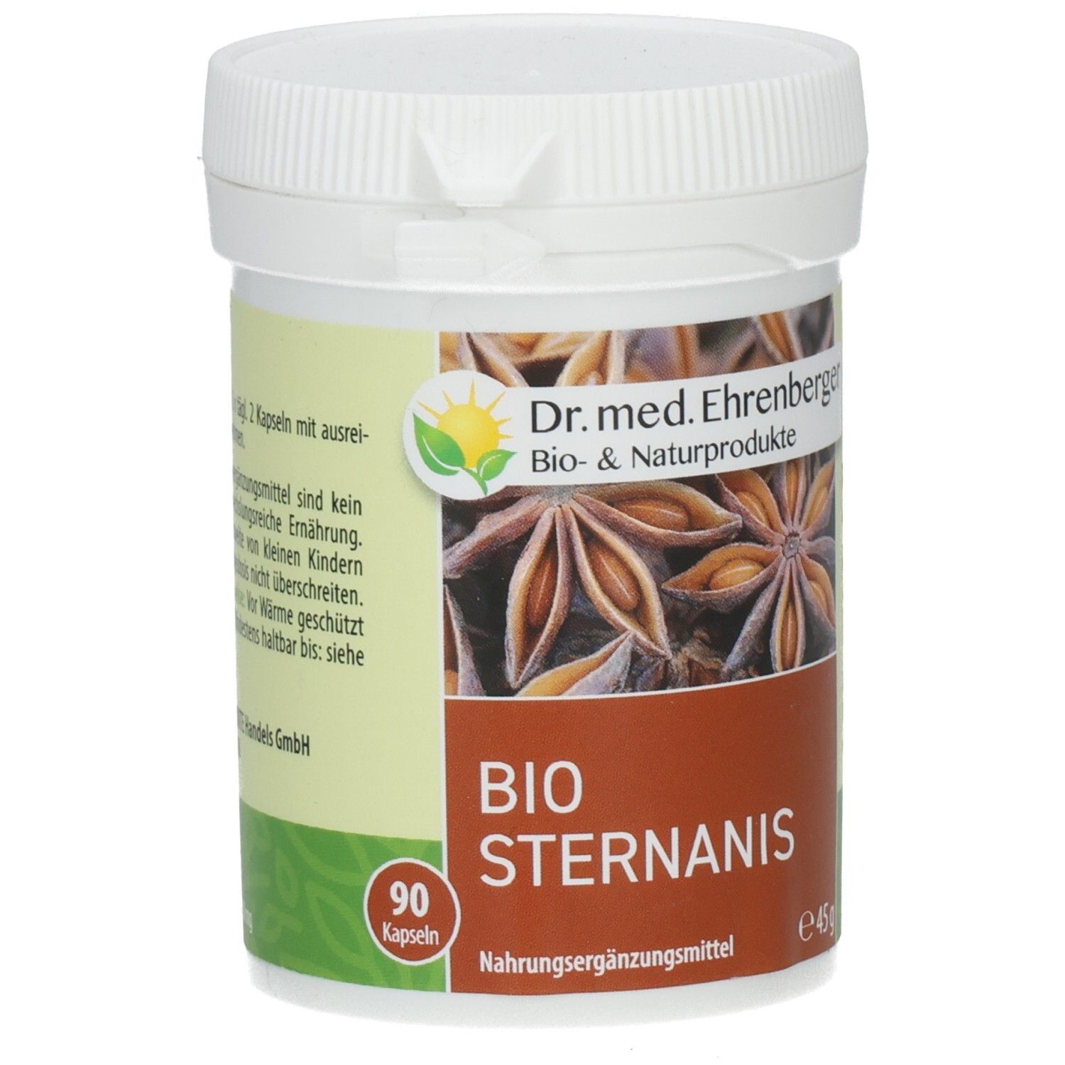 Weißer Behälter mit Deckel. Aufkleber mit Sternanis-Abbildung und Schriftzug BIO STERNANIS. 90 Kapseln. Dr. med. Ehrenberger.