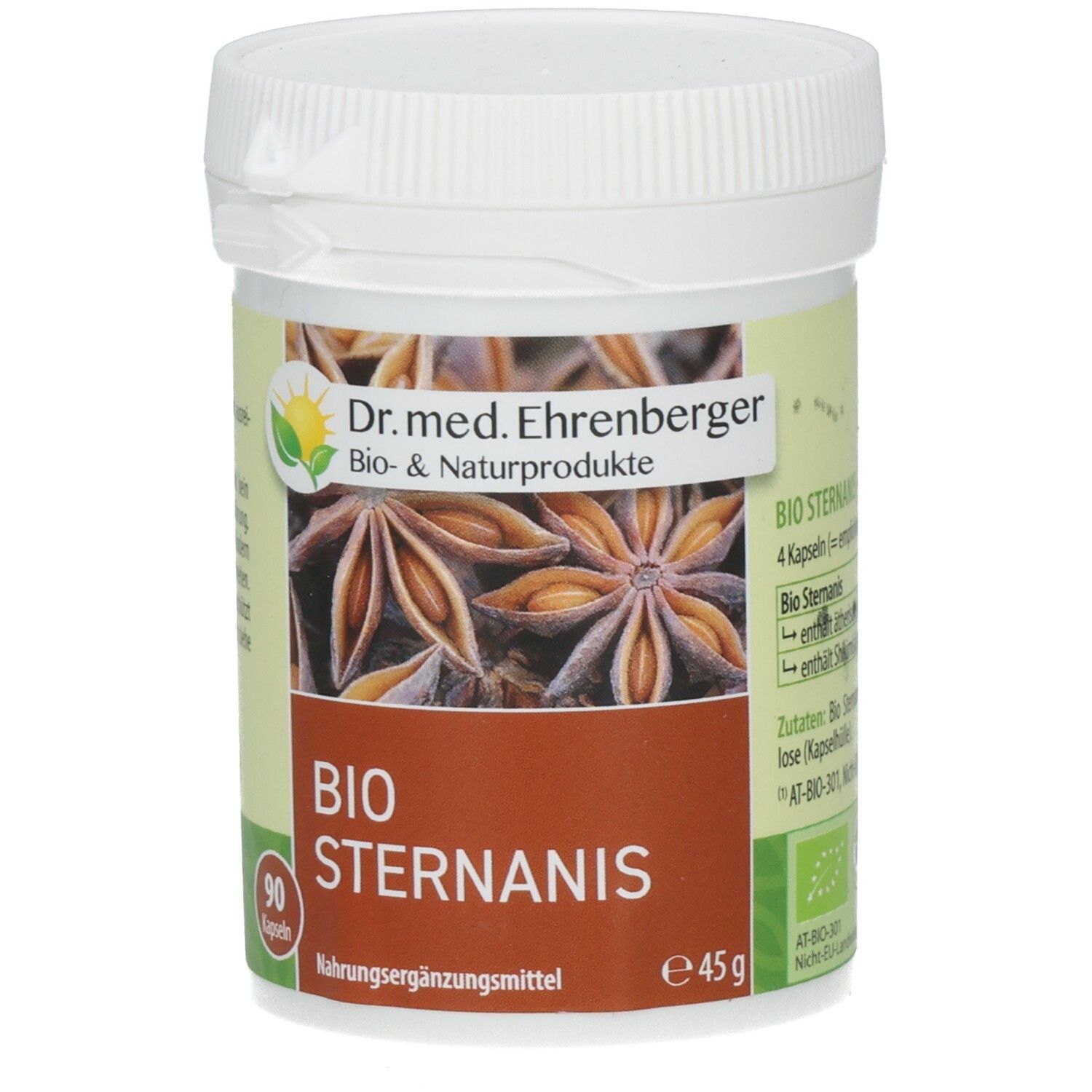 Weißer Behälter mit Deckel. Aufkleber mit Sternanis-Abbildung und Schriftzug BIO STERNANIS. 90 Kapseln. 45g.