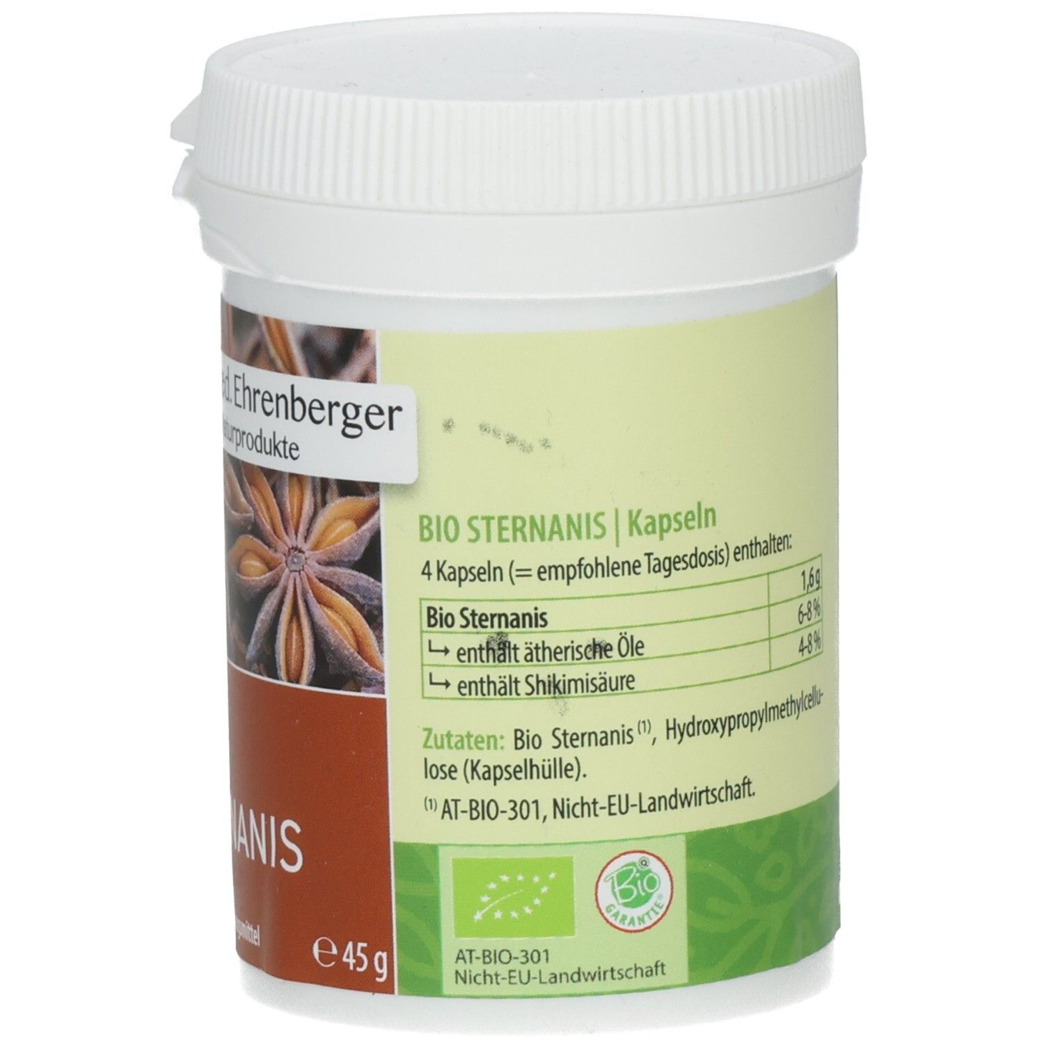 Rückseite des weißen Behälters. Text mit Inhaltsstoffen und Bio-Zertifizierung. Enthält ätherische Öle und Shikimisäure. 45g.