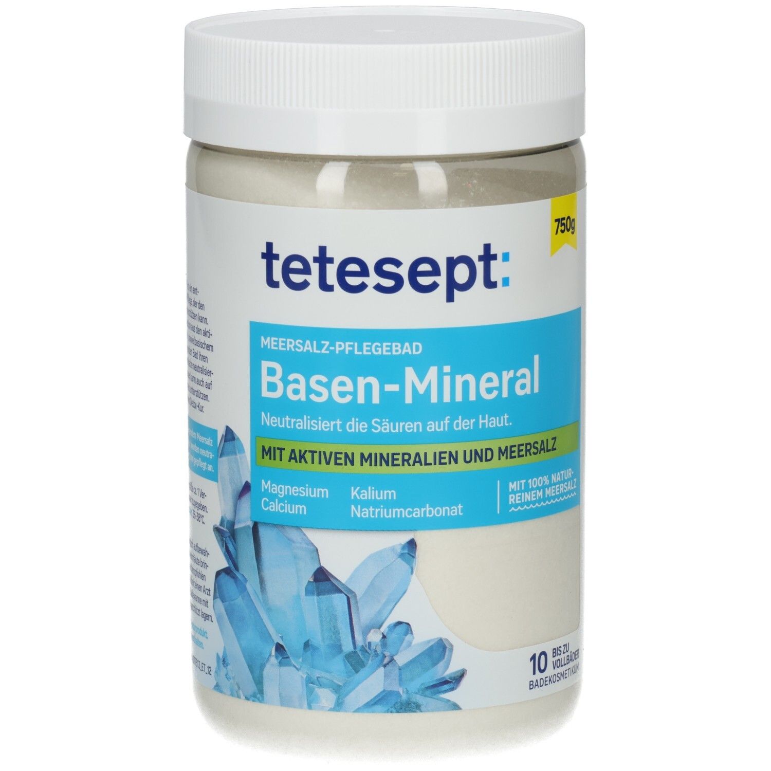 Weißer Behälter mit tetesept Basen-Mineral. Aufschrift: Meersalz-Pflegebad. Enthält aktive Mineralien und Meersalz. 750g.