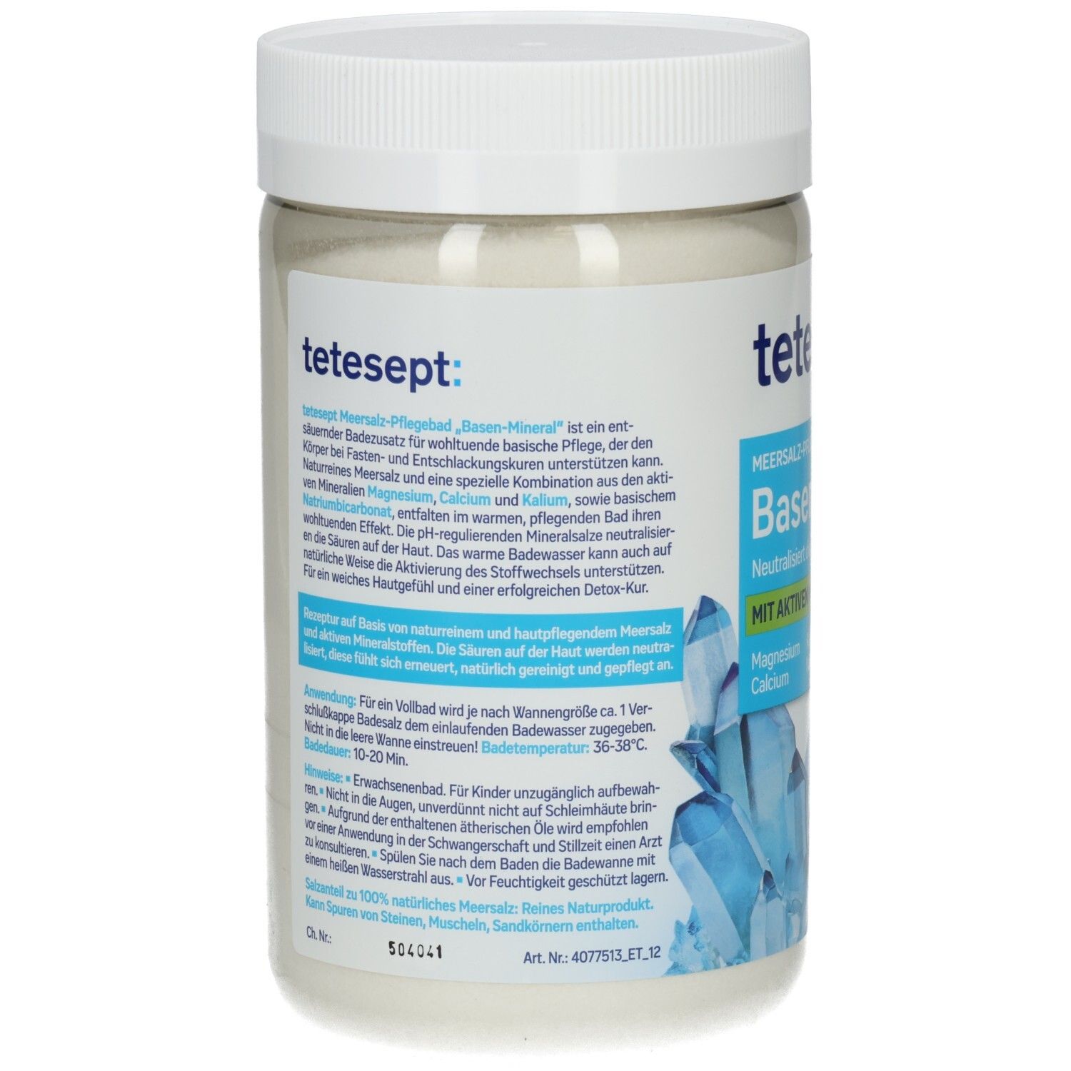 Rückseite des weißen tetesept Basen-Mineral Behälters. Text über die Inhaltsstoffe und Anwendung. Mit blauem Kristall-Design.