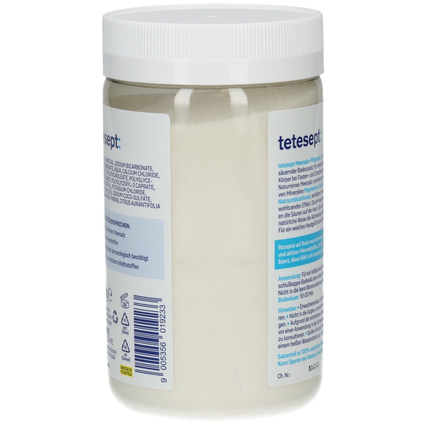 Seite des weißen tetesept Basen-Mineral Behälters. Auflistung der Inhaltsstoffe. Mit Barcode und Recycling-Symbolen.