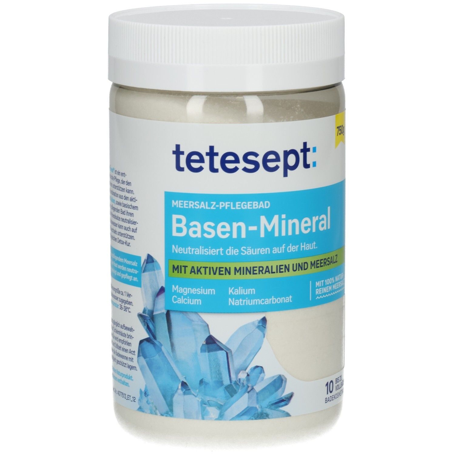 Weißer Behälter mit tetesept Basen-Mineral. Aufschrift: Meersalz-Pflegebad. Enthält aktive Mineralien und Meersalz. 750g.
