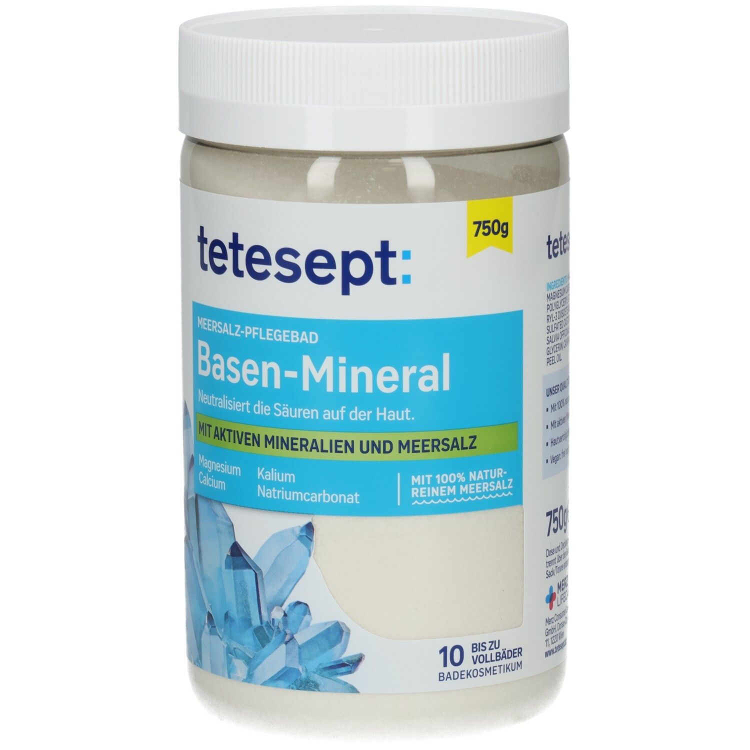 Weißer Behälter mit tetesept Basen-Mineral. Aufschrift: Meersalz-Pflegebad. Enthält aktive Mineralien und Meersalz. 750g.