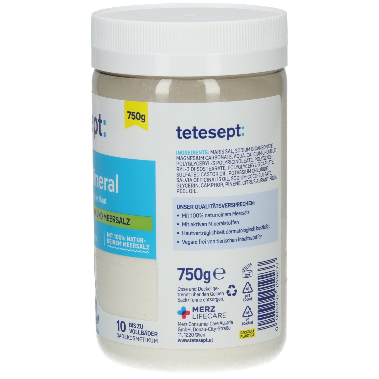 Rückseite des weißen tetesept Basen-Mineral Behälters. Auflistung der Inhaltsstoffe und Qualitätsversprechen. 750g.