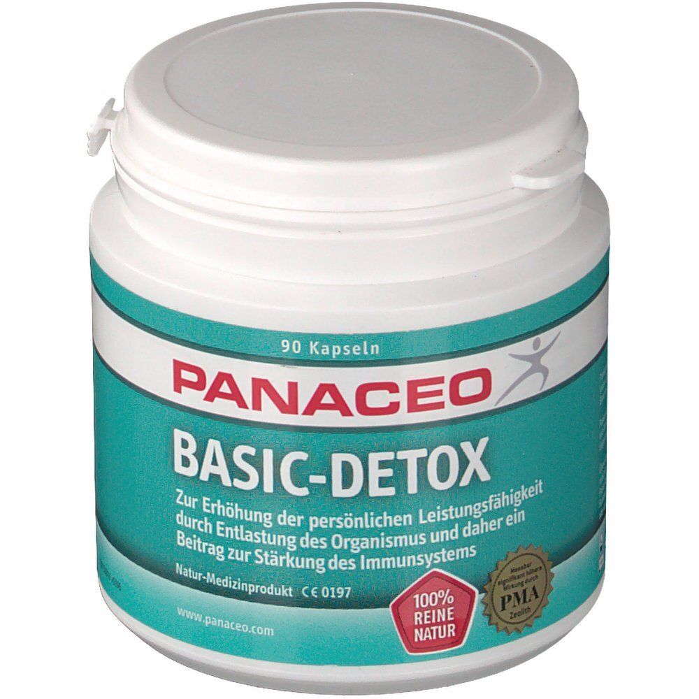 Weiße Dose mit blau-weißem Etikett. Aufschrift: PANACEO BASIC-DETOX, 90 Kapseln. Logo: 100% reine Natur. Natur-Medizinprodukt CE 0197.
