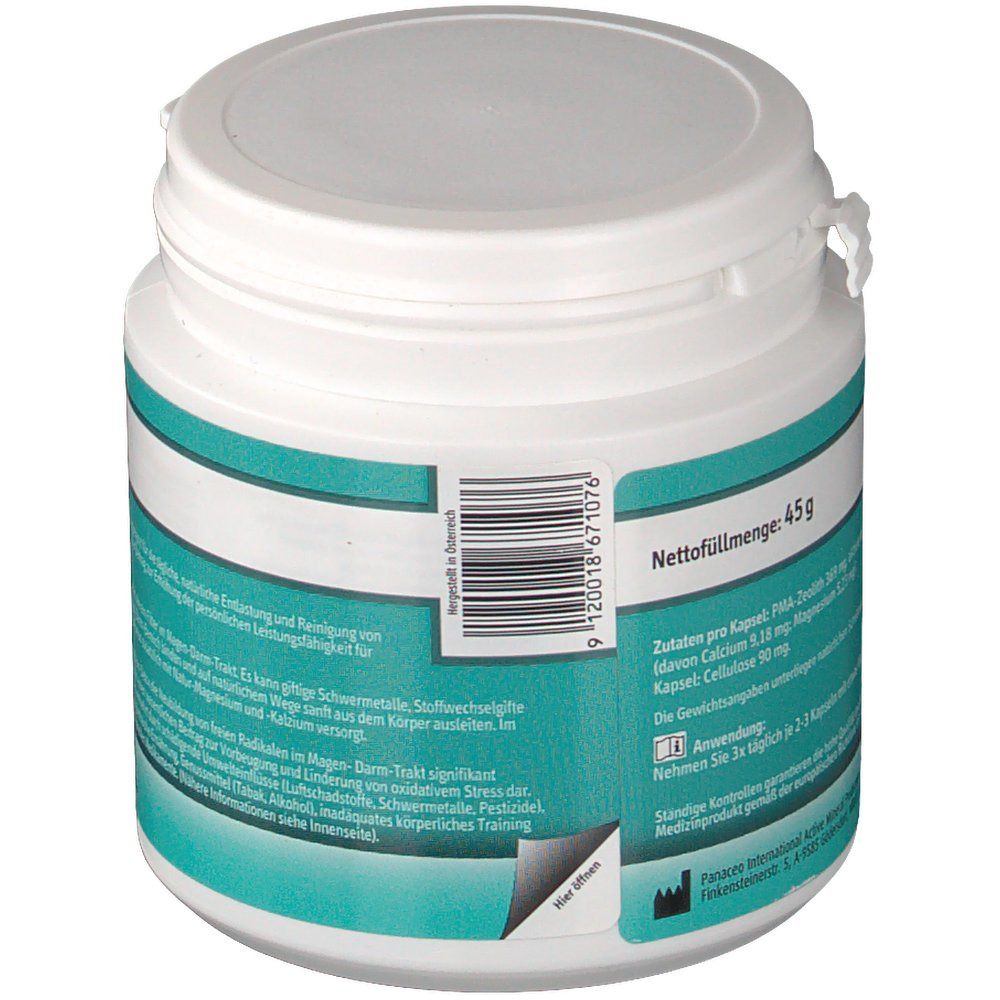 Weiße Dose, Rückseite mit blau-weißem Etikett. Aufschrift: Nettofüllmenge: 45g. Barcode und Text. Teilweise abziehbarer Aufkleber.