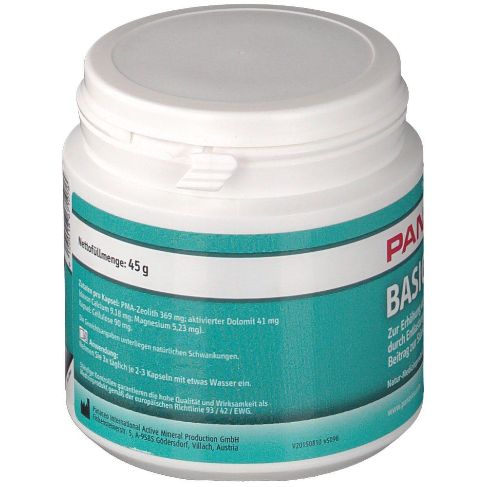 Weiße Dose mit blau-weißem Etikett. Aufschrift: Nettofüllmenge: 45g. Zutatenliste. Text und Logo: Panaceo International Active Mineral Production GmbH.