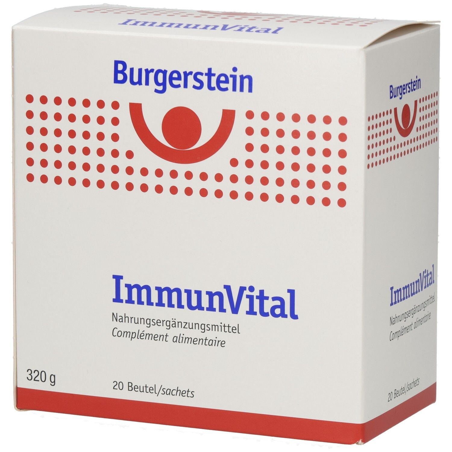 Weißer Karton mit Burgerstein-Logo und ImmunVital-Schriftzug. 20 Beutel, 320g. Nahrungsergänzungsmittel.