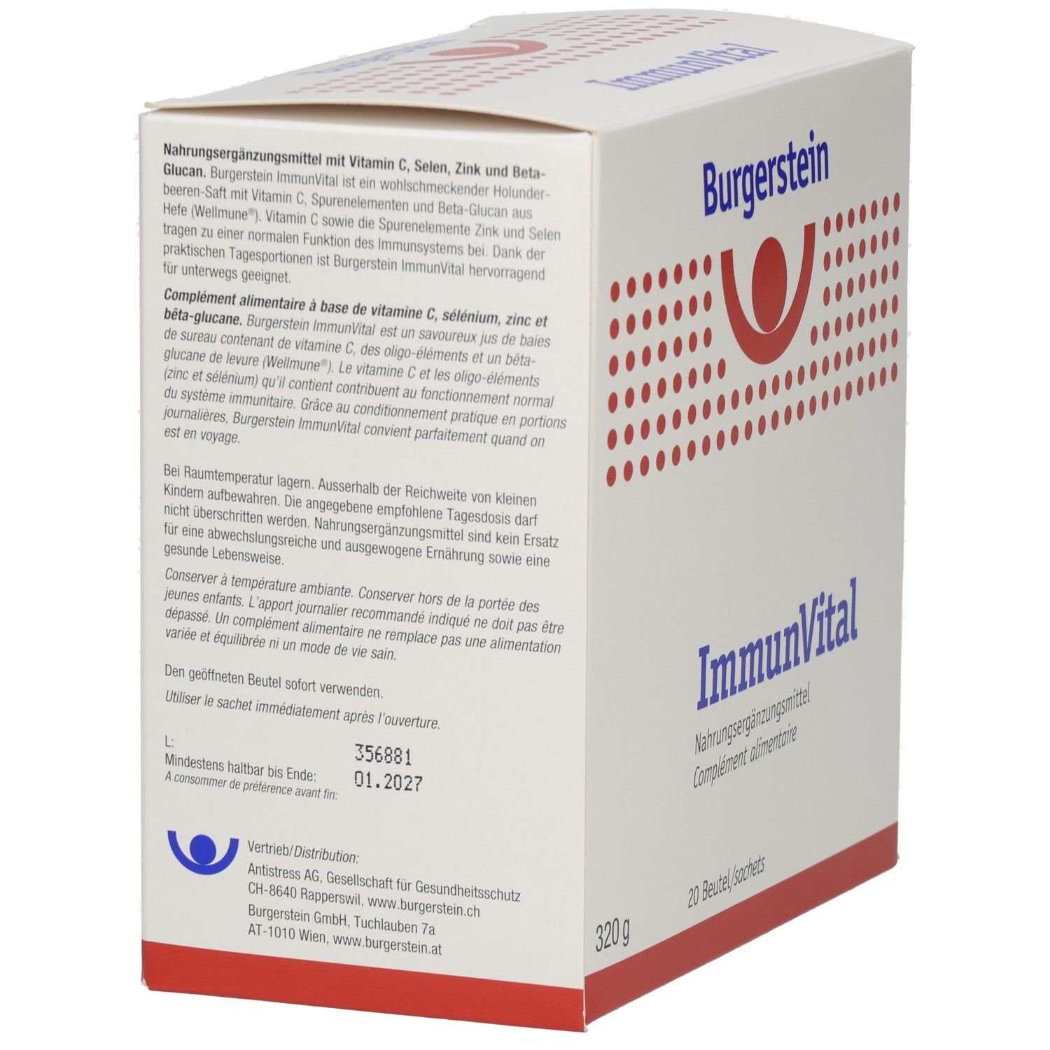 Karton von Burgerstein ImmunVital, schräg. Rückseite mit Text und Nährwertangaben. 320g, 20 Beutel.