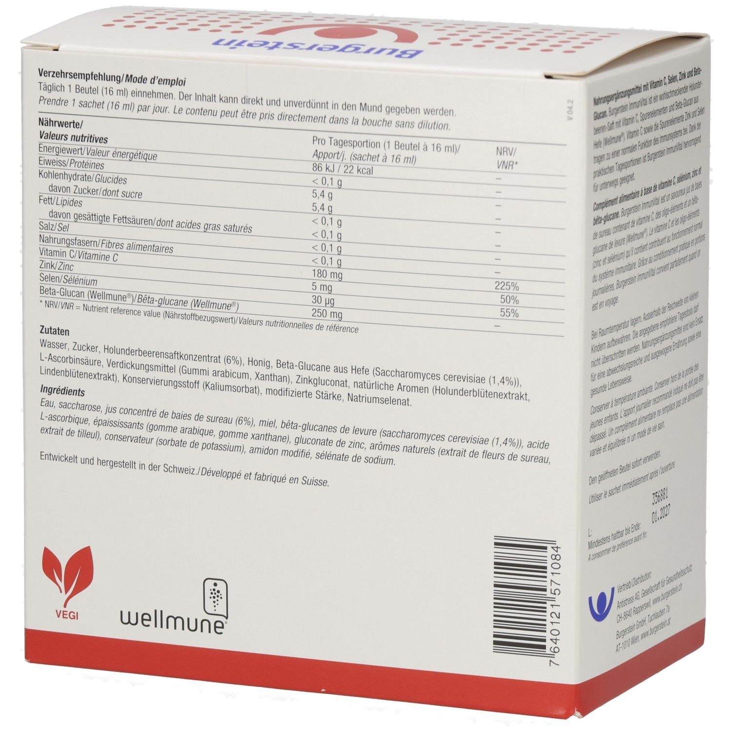 Rückseite der Burgerstein ImmunVital-Verpackung. Enthält Nährwertangaben und Zutatenliste. Vegi-Logo.