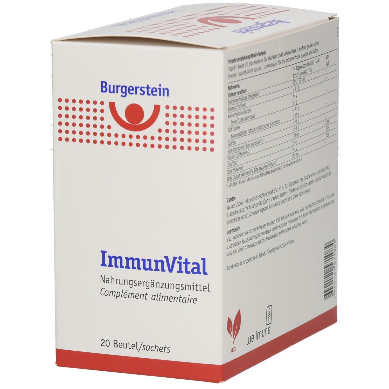 Burgerstein ImmunVital-Packung, schräg. Vorder- und Rückseite sichtbar. 20 Beutel, 320g. Nahrungsergänzungsmittel.