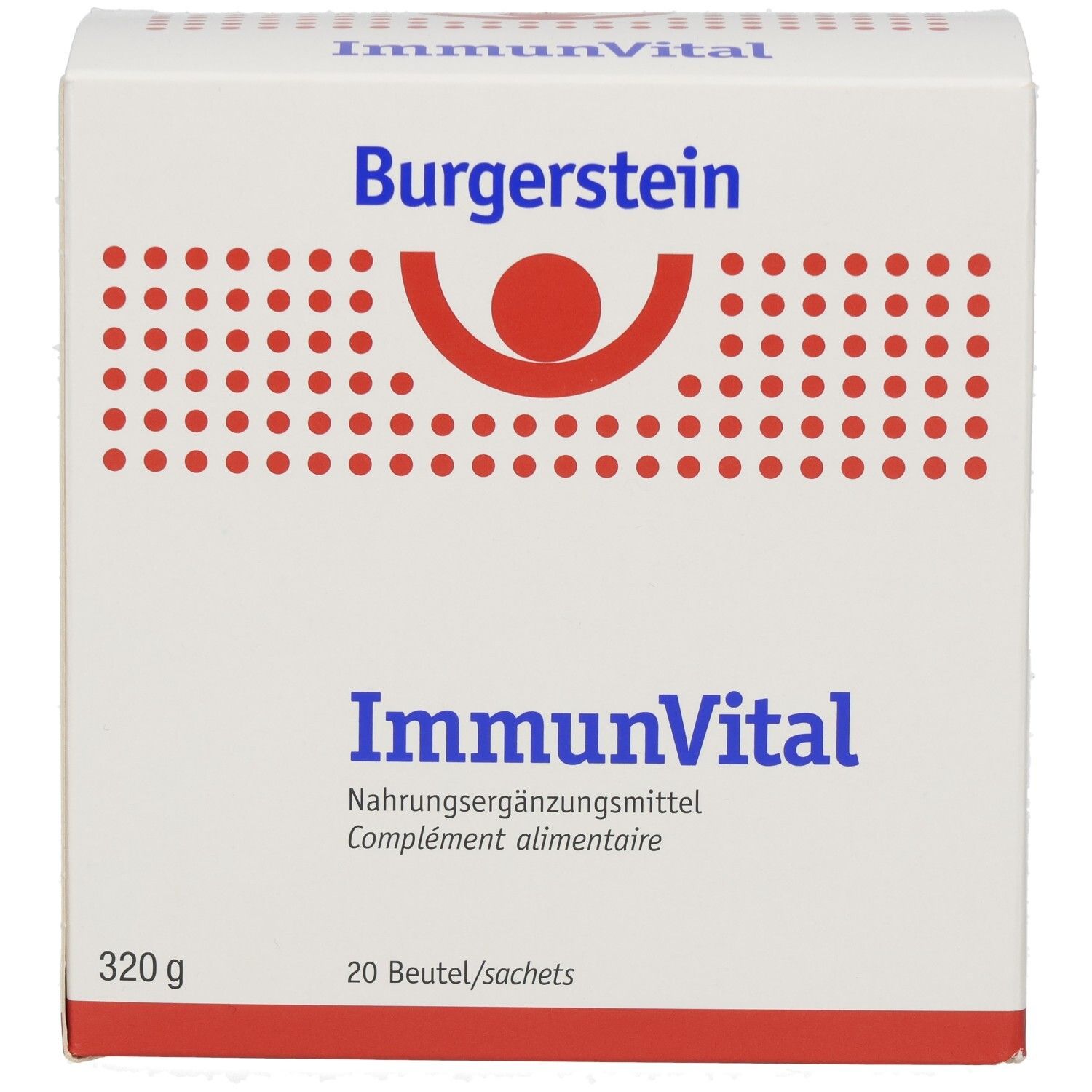 Weiße Burgerstein ImmunVital-Verpackung. Vorderseite mit Logo, Produktname und Gewichtsangabe: 320g, 20 Beutel.