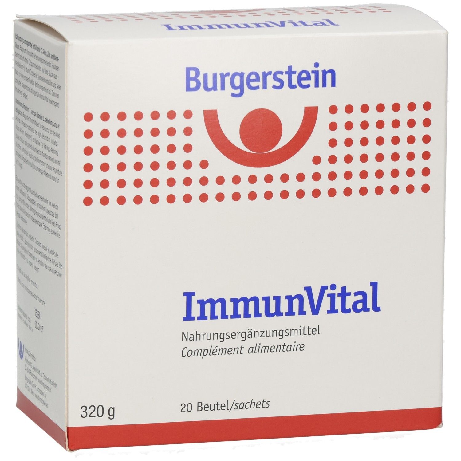 Burgerstein ImmunVital-Verpackung. Vorderseite mit Logo, Produktname und Gewichtsangabe: 320g, 20 Beutel.