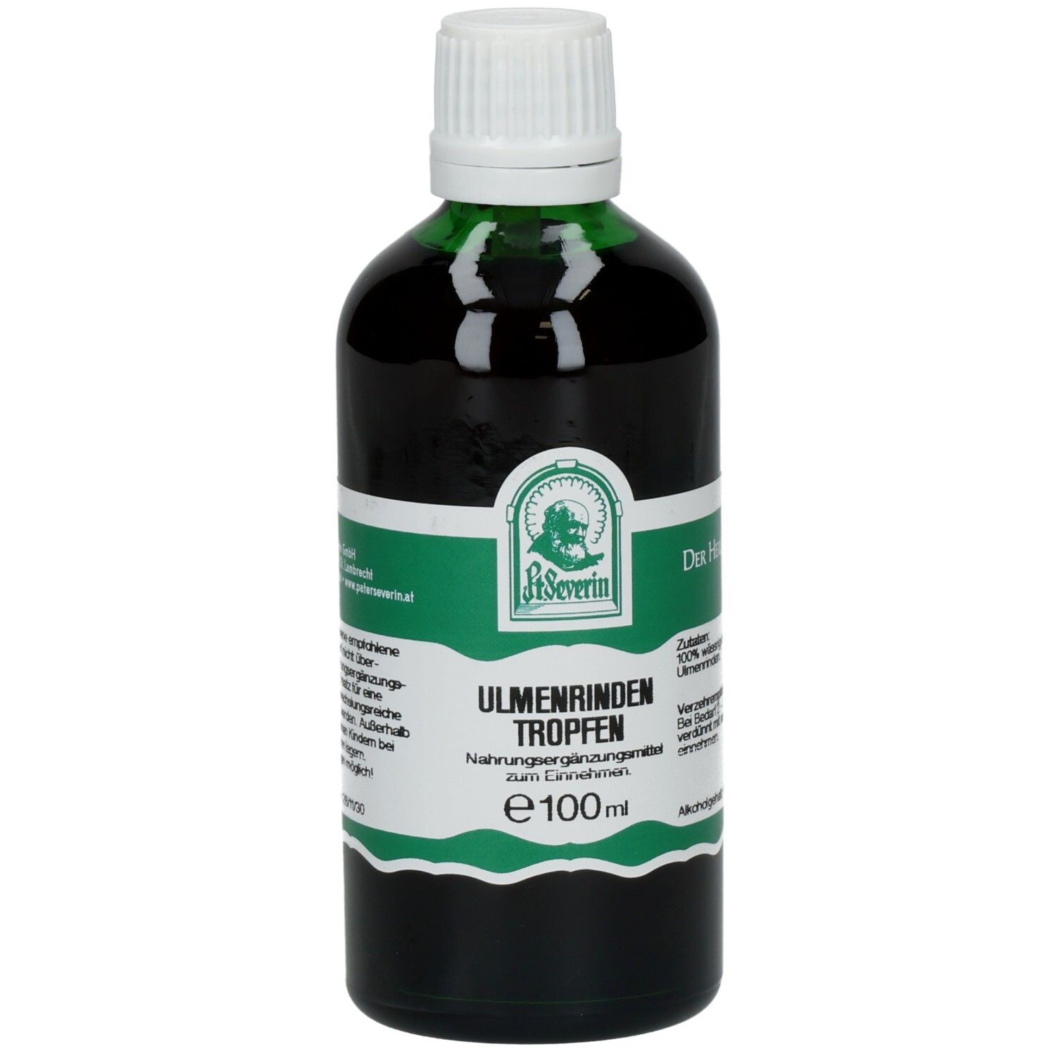 Braune Flüssigkeit in einer Flasche mit weißem Deckel. Aufschrift: Ulmenrinden Tropfen. Marke: St. Severin.