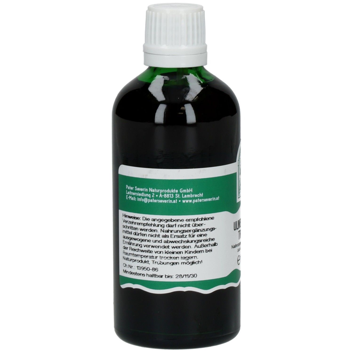 Rückansicht einer Flasche mit brauner Flüssigkeit. Aufschrift: Peter Severin Naturprodukte GmbH. Etikett mit Text.