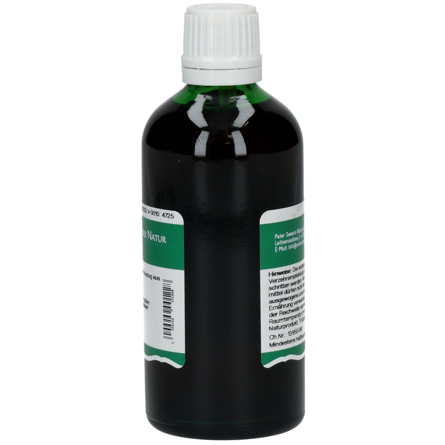 Seitenansicht einer Flasche mit brauner Flüssigkeit. Etikett mit Text und Barcode. Grüner Streifen.