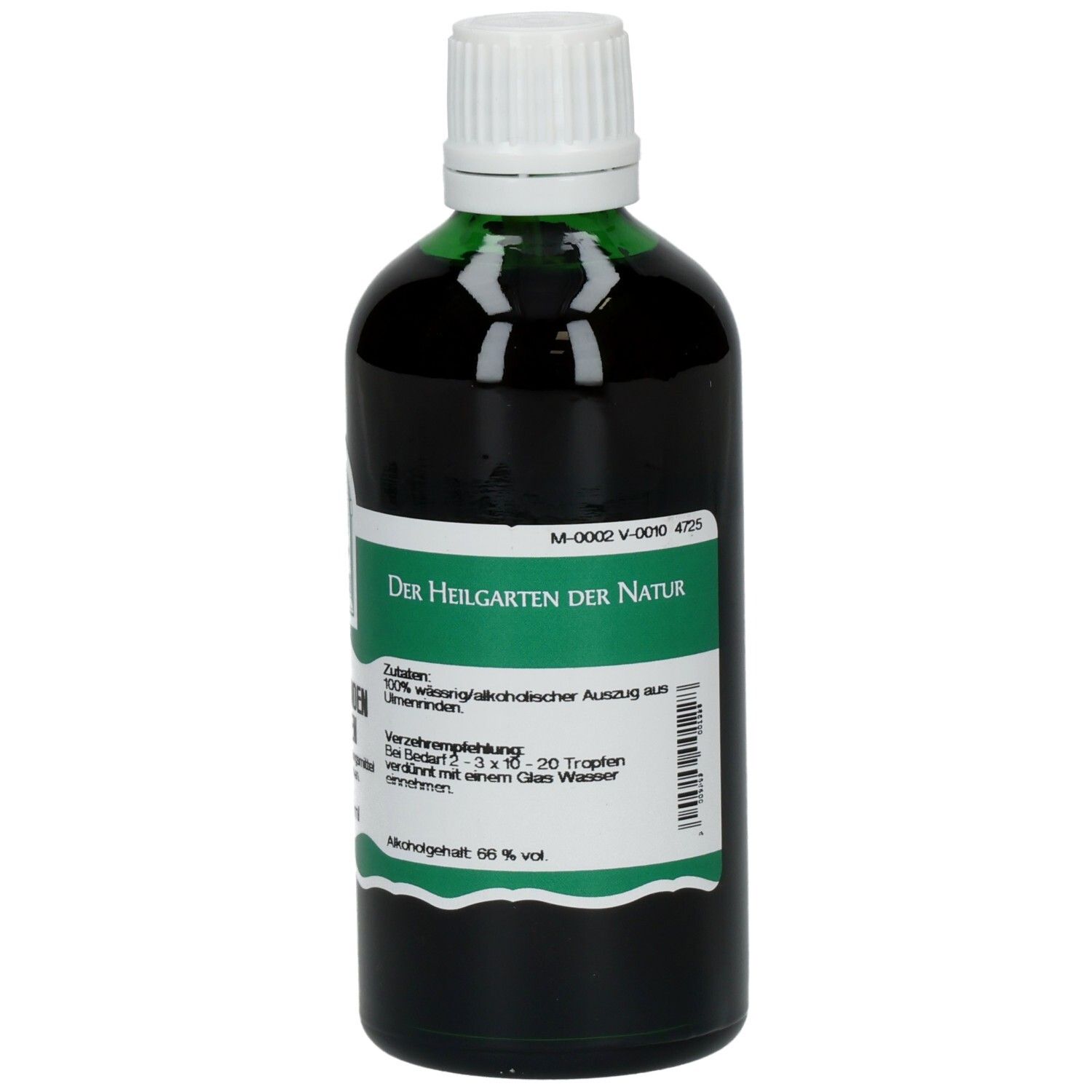 Flasche mit brauner Flüssigkeit und weißem Deckel. Aufschrift: Ulmenrinden Tropfen. Grüner Streifen. Text.