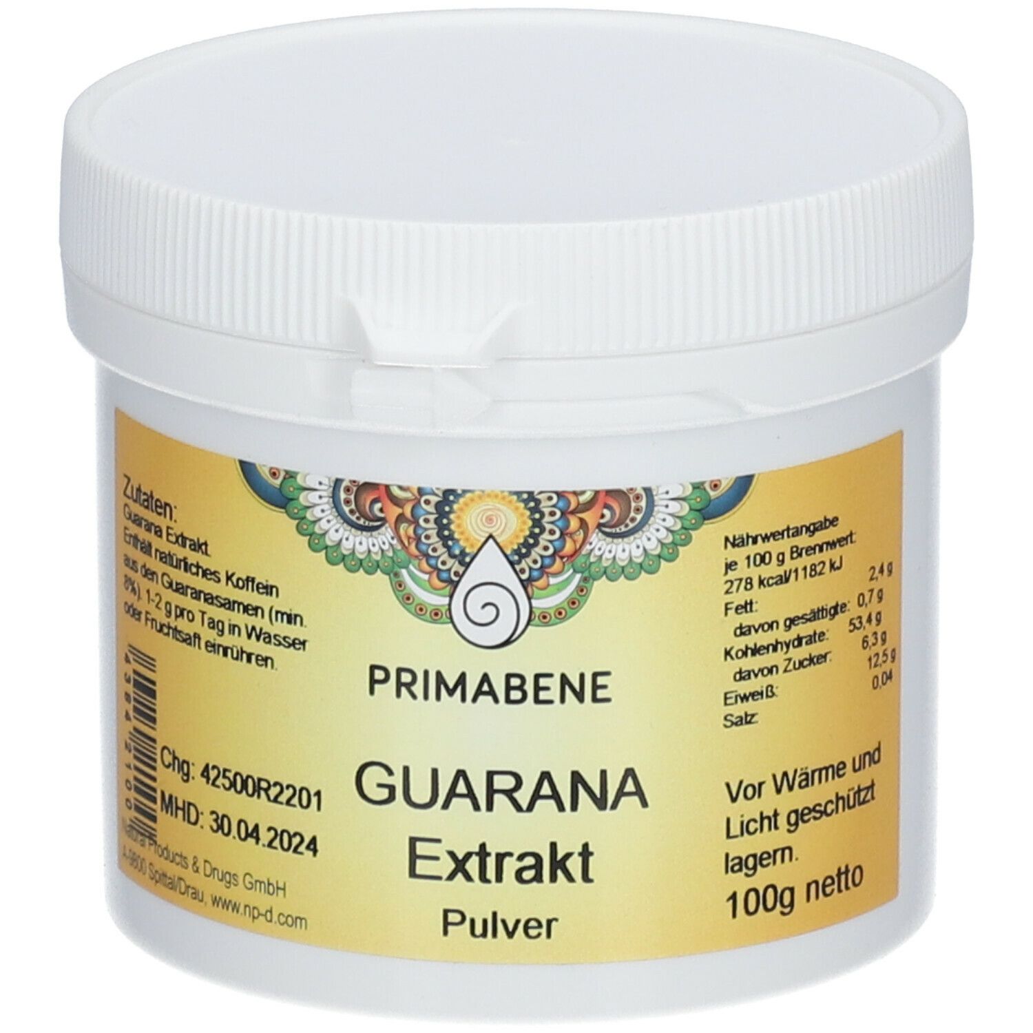 Weißer Behälter mit Schraubverschluss. Etikett mit PRIMABENE Guarana Extrakt Pulver, Nährwertangaben und Zutaten.