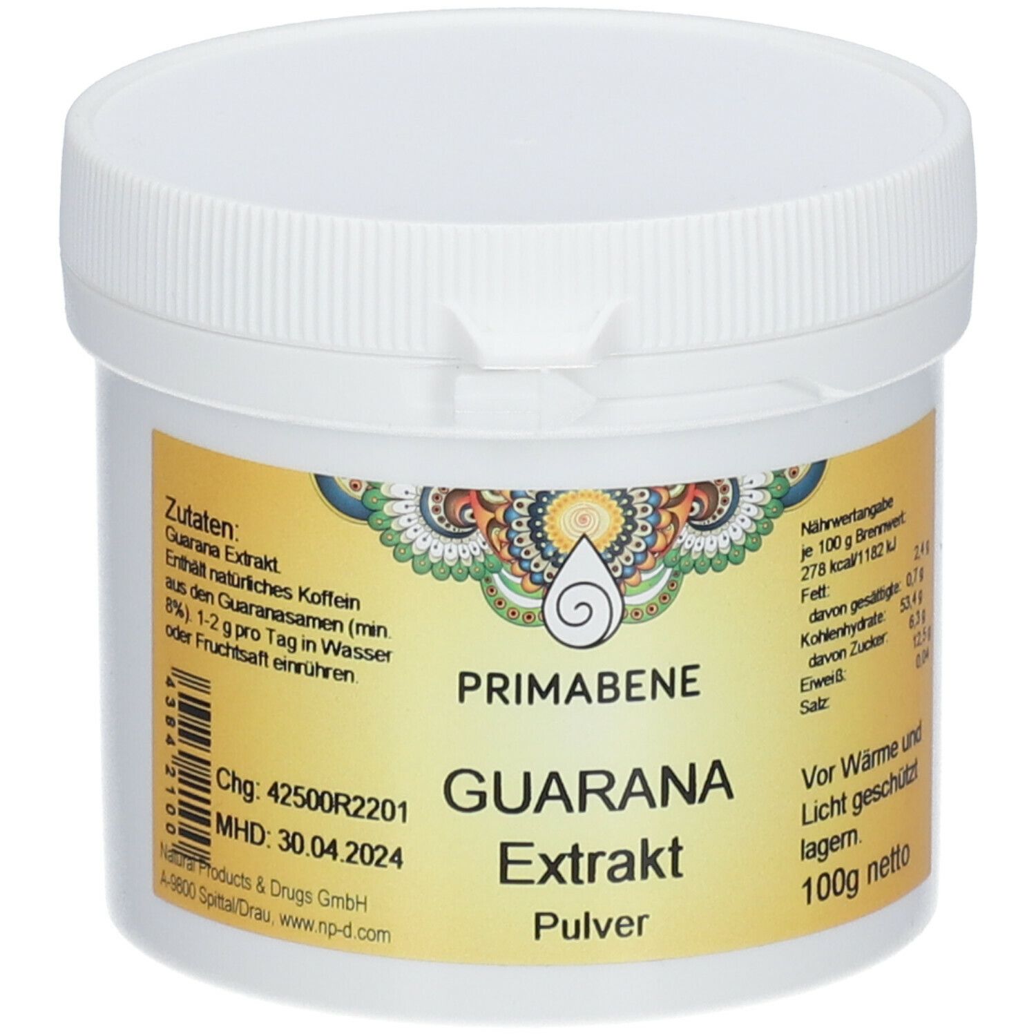 Weißer Behälter mit Schraubverschluss. Etikett mit PRIMABENE Guarana Extrakt Pulver, Nährwertangaben und Zutaten.