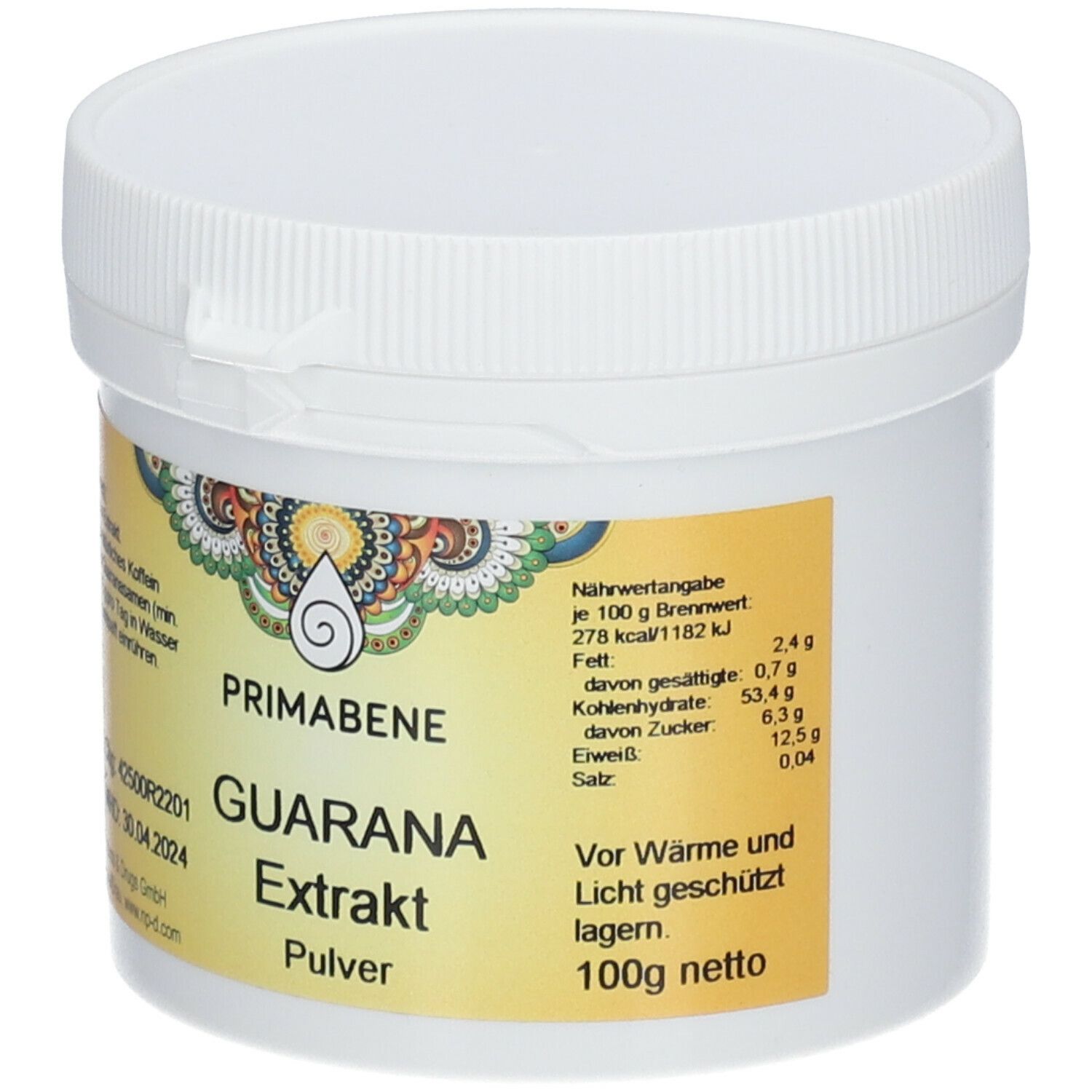 Weißer Behälter mit Schraubverschluss. Etikett mit PRIMABENE Guarana Extrakt Pulver, Nährwertangaben und Zutaten.