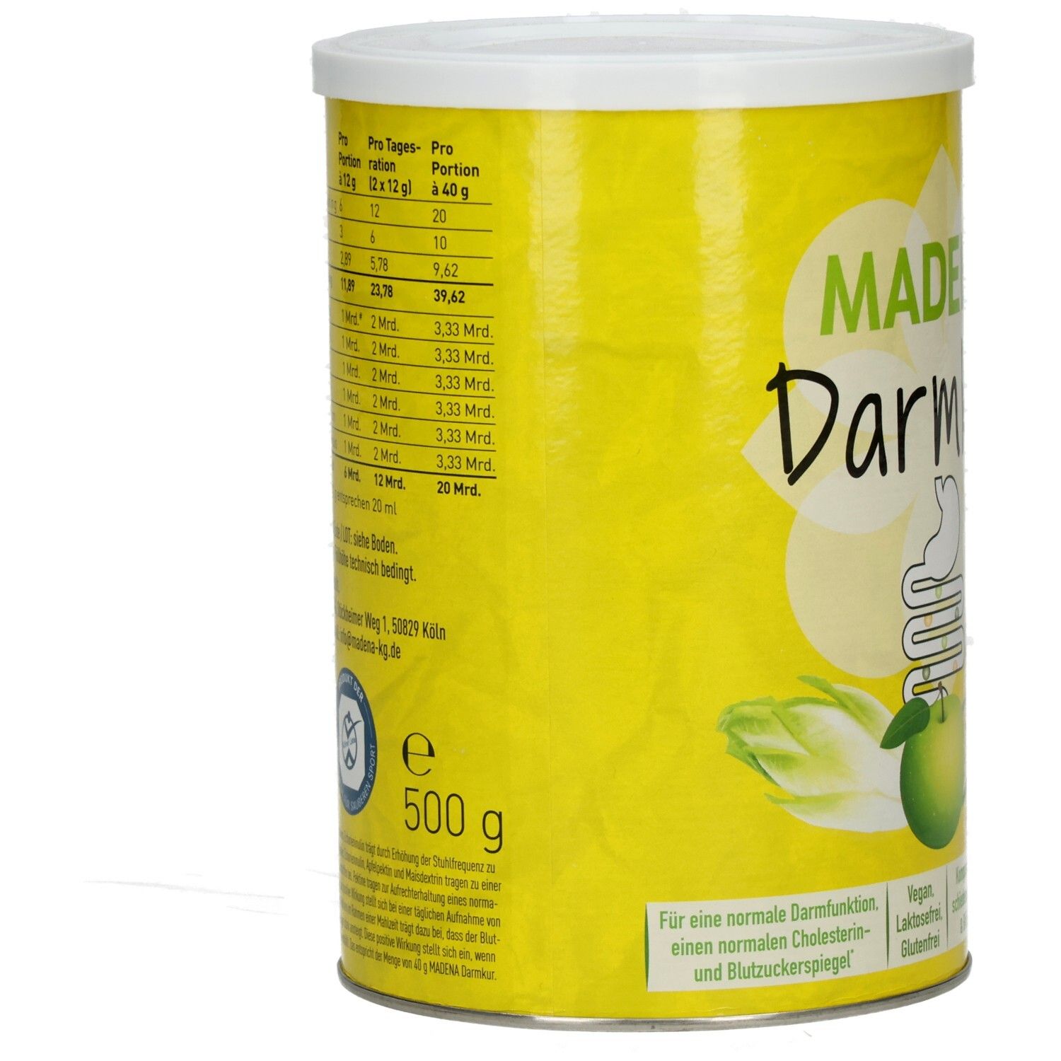 Gelbe Dose mit weißem Deckel. Aufschrift: MADENA Darmkur. Nährwerttabelle. 500 g. Für normale Darmfunktion, Cholesterin- und Blutzuckerspiegel.