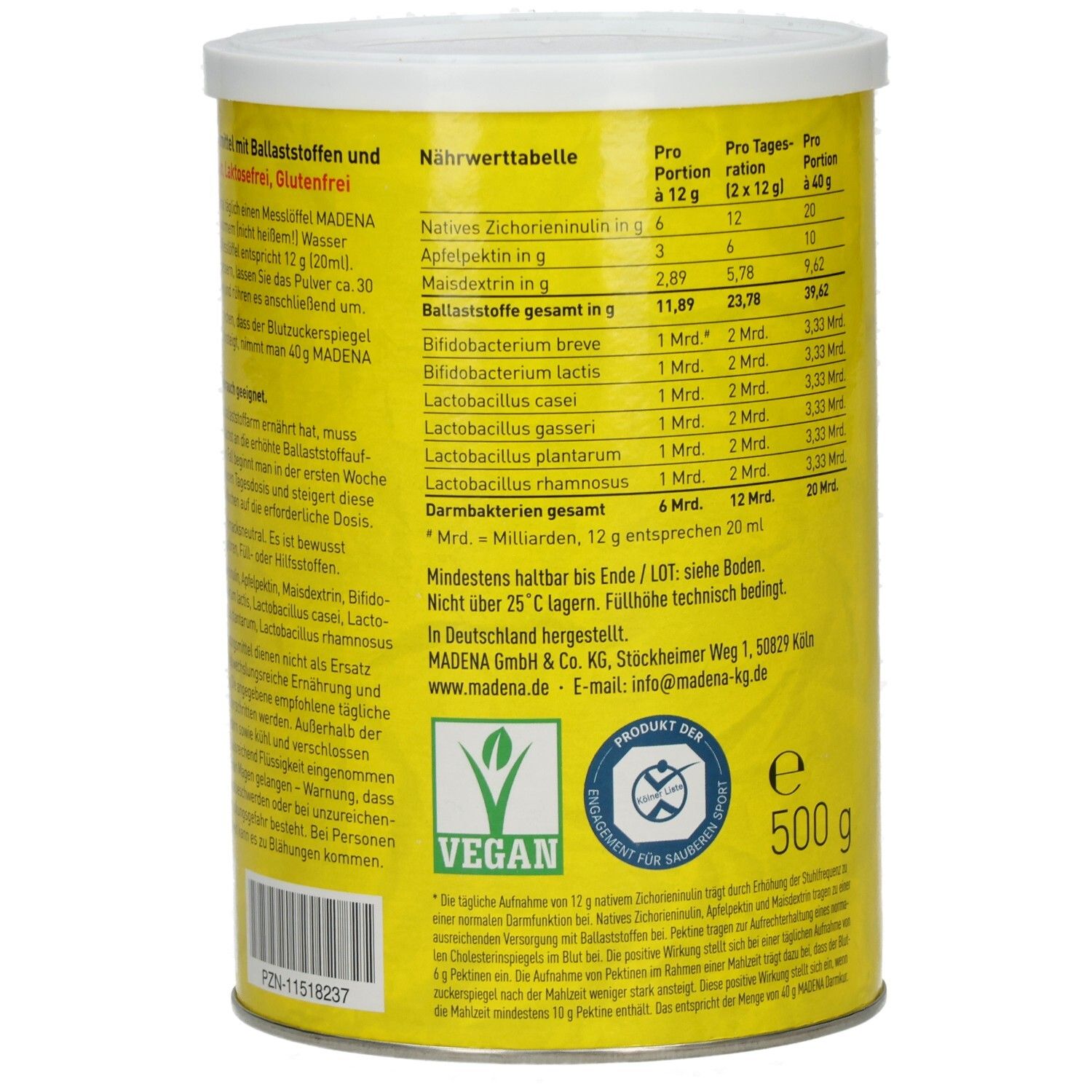 Gelbe Dose mit weißem Deckel. Aufschrift: MADENA Darmkur. Vegan-Siegel. 500 g. Nährwerttabelle. Mindestens haltbar bis Ende/LOT.