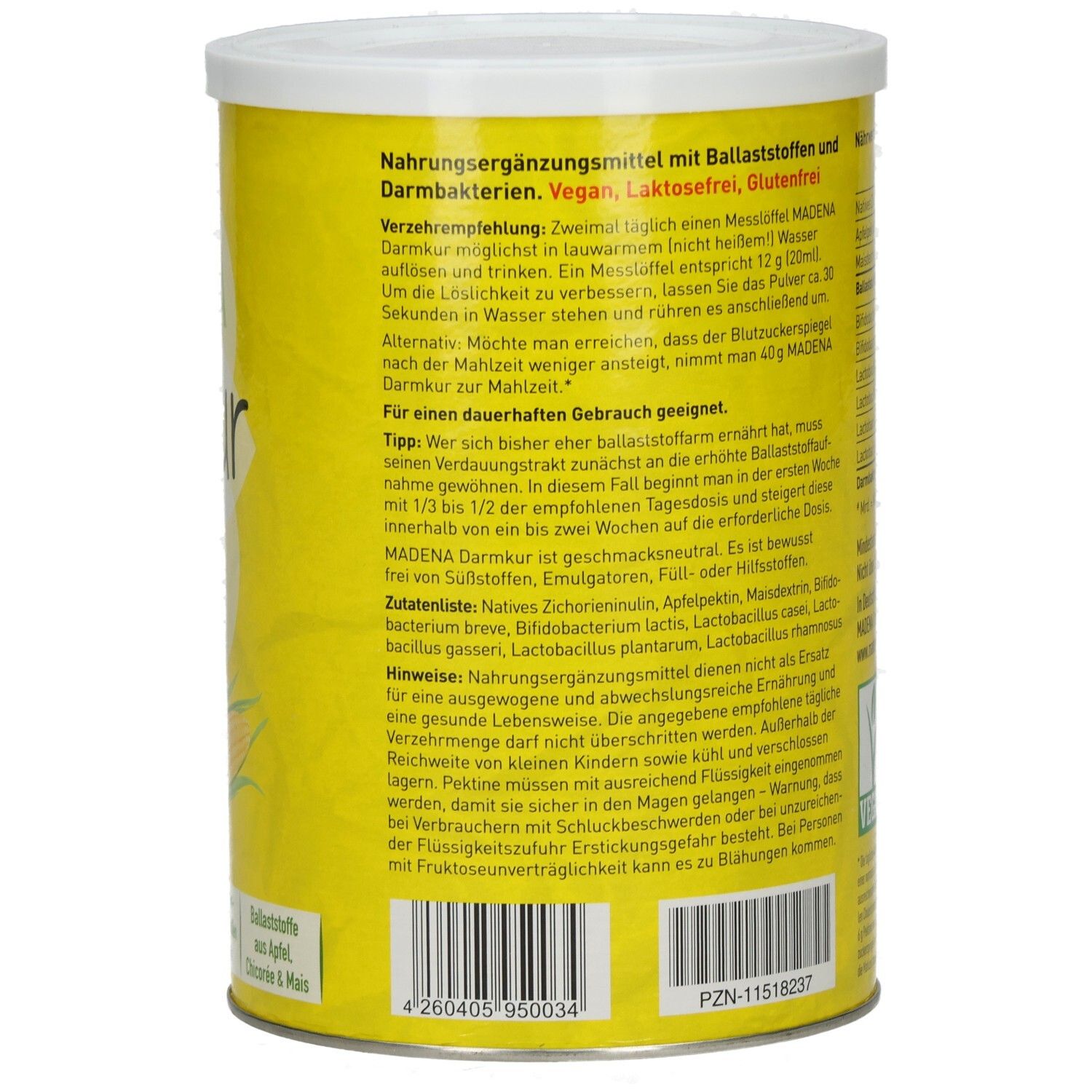 Gelbe Dose mit weißem Deckel. Aufschrift: MADENA Darmkur. Zutatenliste. Verzehrempfehlung. PZN-11518237. Barcode.