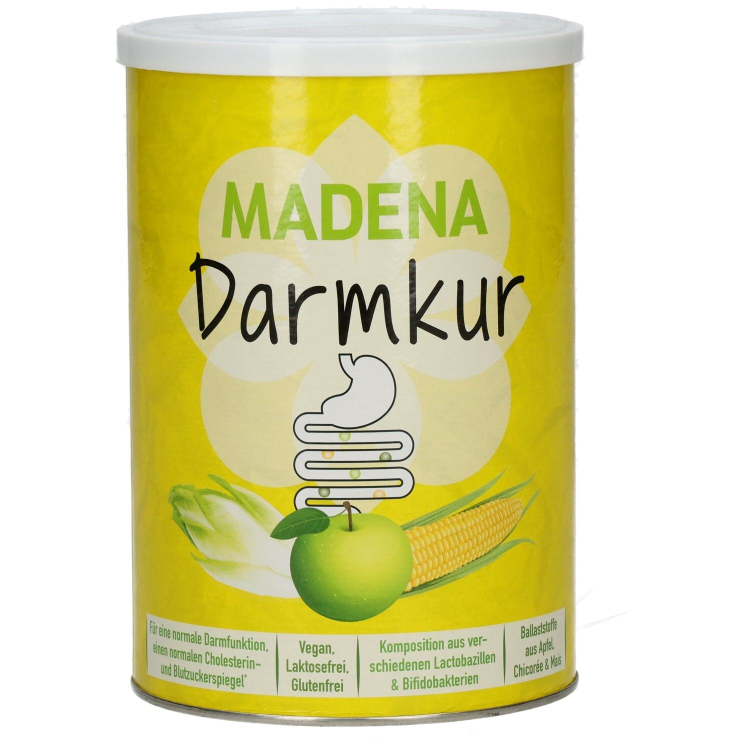 Gelbe Dose mit weißem Deckel. Aufschrift: MADENA Darmkur. Illustrationen von Magen, Apfel und Mais. Vegan, laktosefrei, glutenfrei.