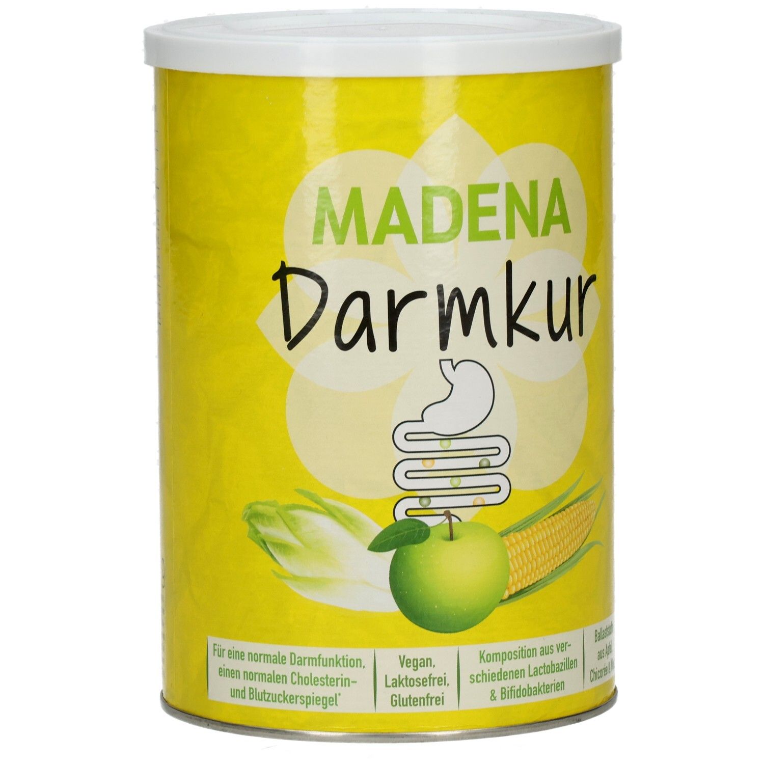Gelbe Dose mit weißem Deckel. Aufschrift: MADENA Darmkur. Illustrationen von Magen, Apfel und Mais. Für normale Darmfunktion, Cholesterin- und Blutzuckerspiegel.