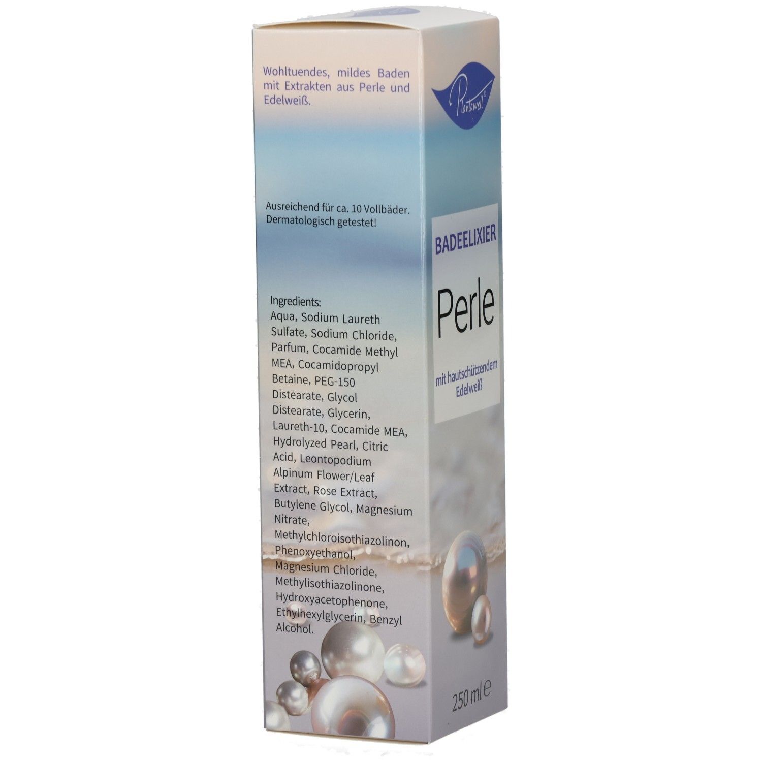 Karton Plantawell Badeelixier Perle. Text: Inhaltsstoffe, ausreichend für ca. 10 Vollbäder. Perlen-Illustration. 250 ml.
