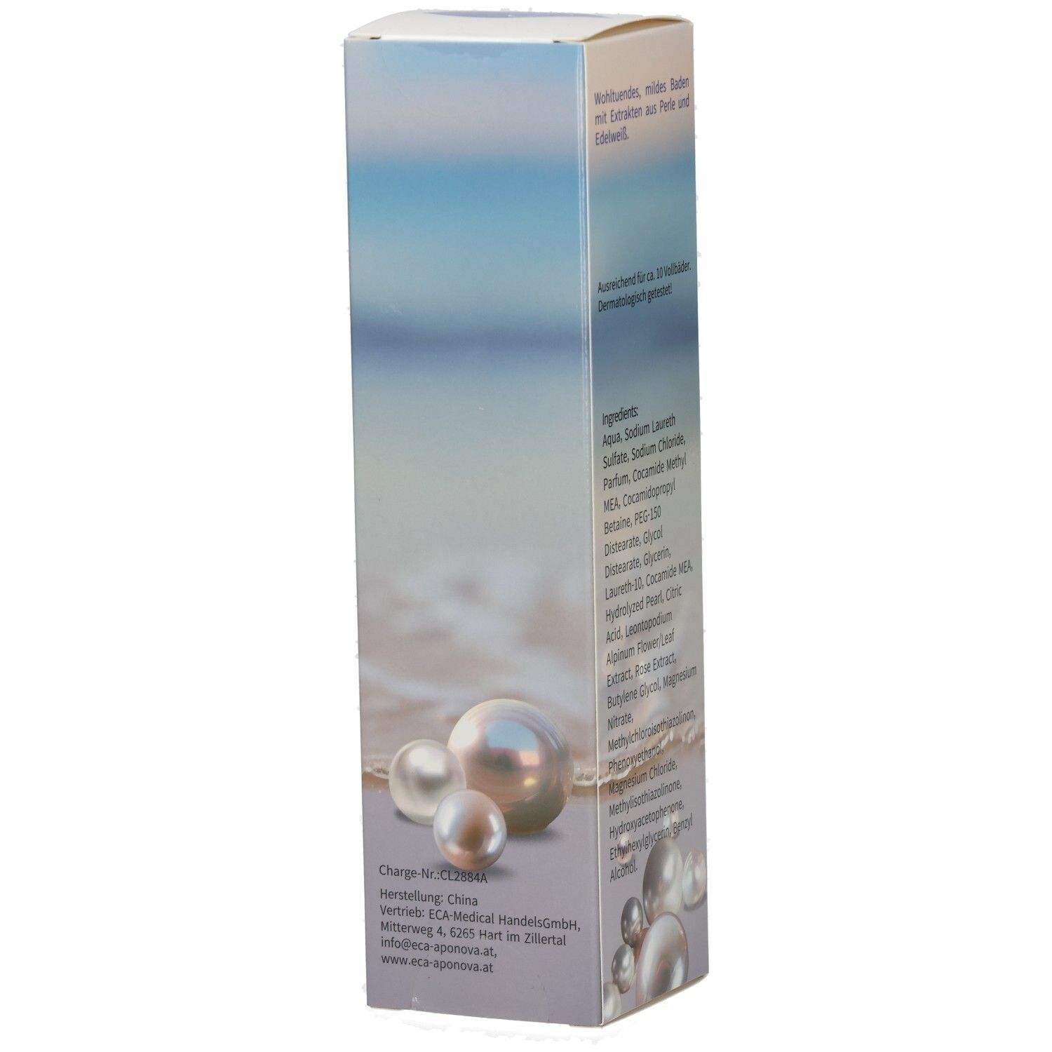 Karton Plantawell Badeelixier Perle. Text: Inhaltsstoffe, Herstellerinformationen. Perlen-Illustration. 250 ml.