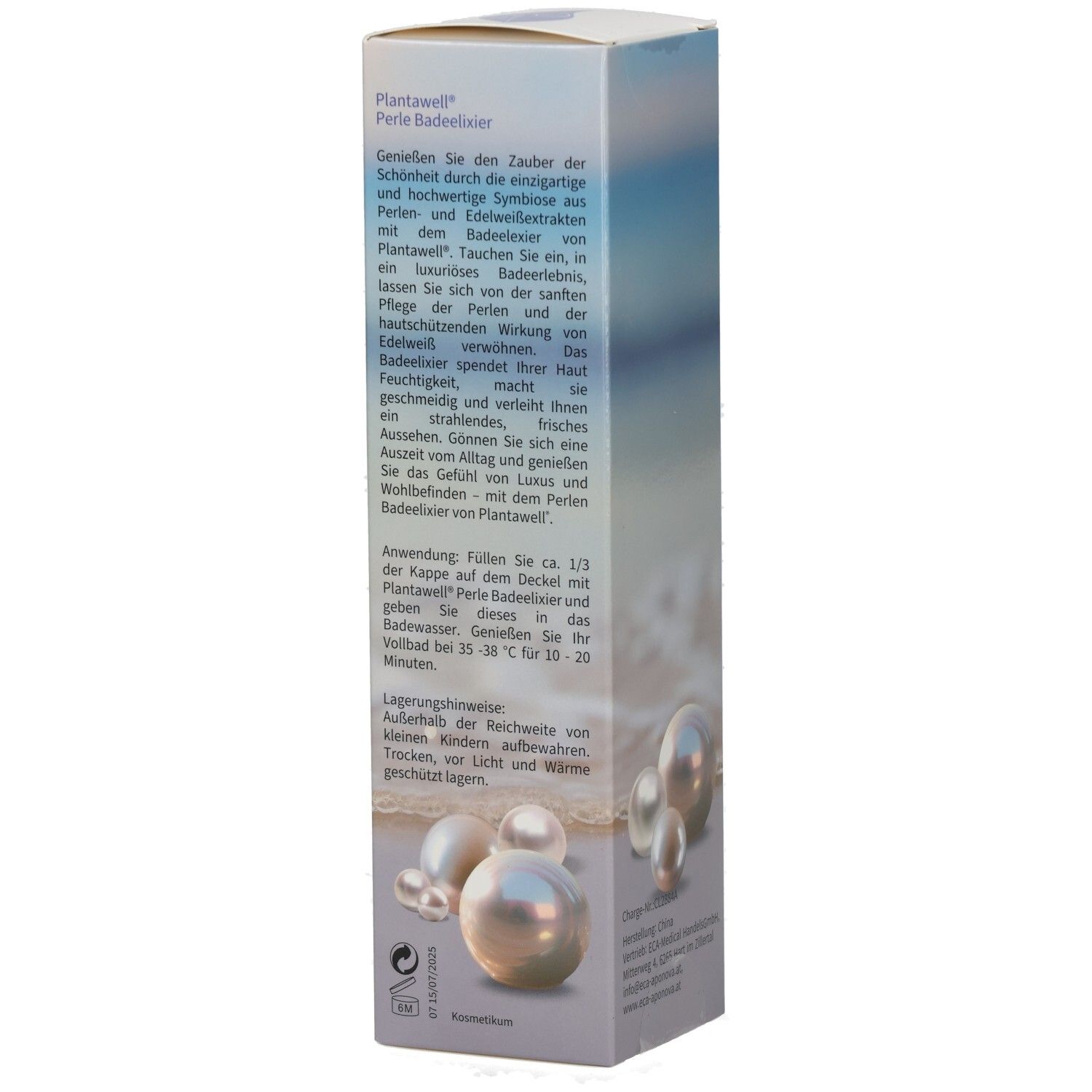 Karton Plantawell Badeelixier Perle. Text: Anwendung, Lagerungshinweise. Perlen-Illustration. 250 ml.