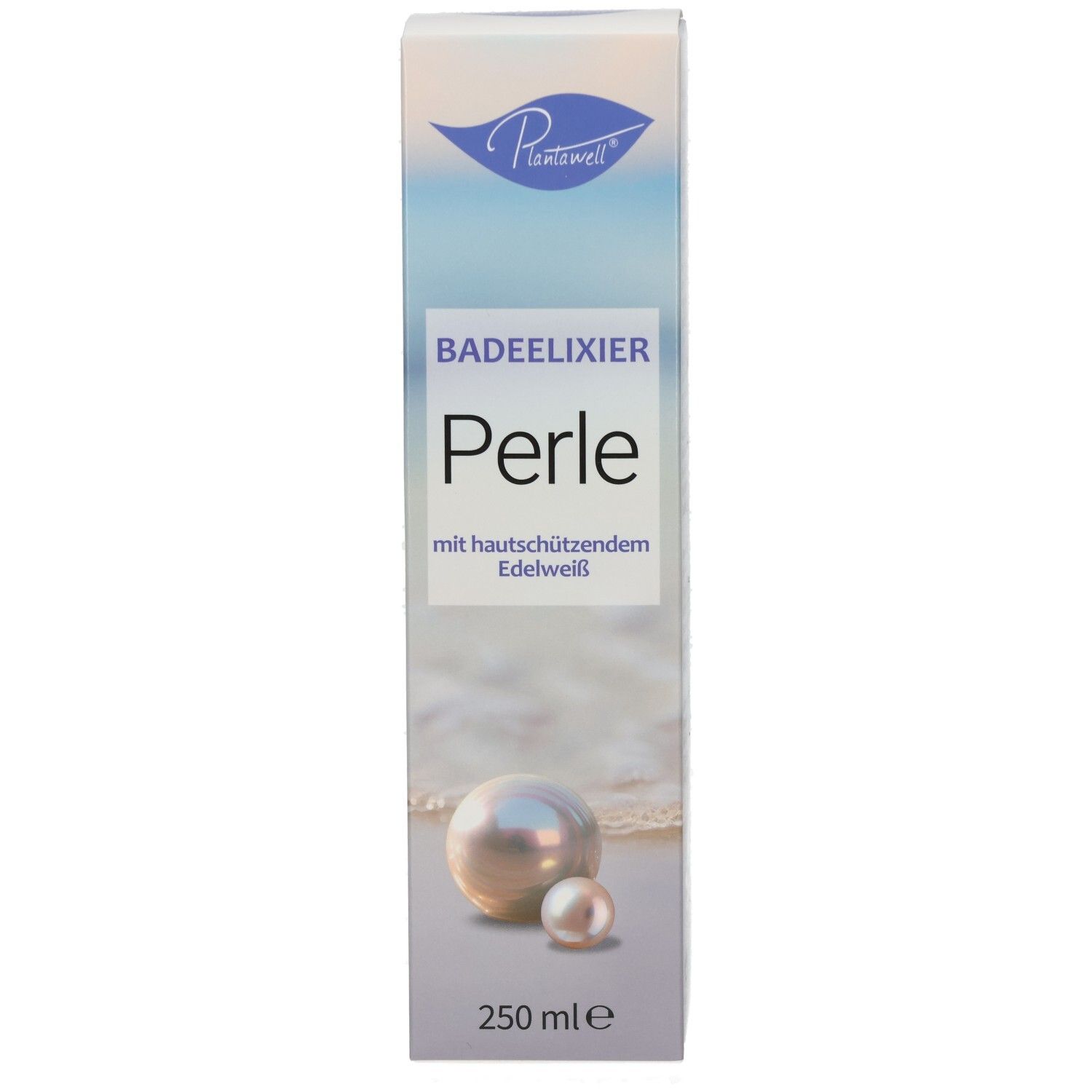 Karton Plantawell Badeelixier Perle, weiß, blau. Perlen-Illustration. Text: Badeelixier Perle, mit hautschützendem Edelweiß. 250 ml.