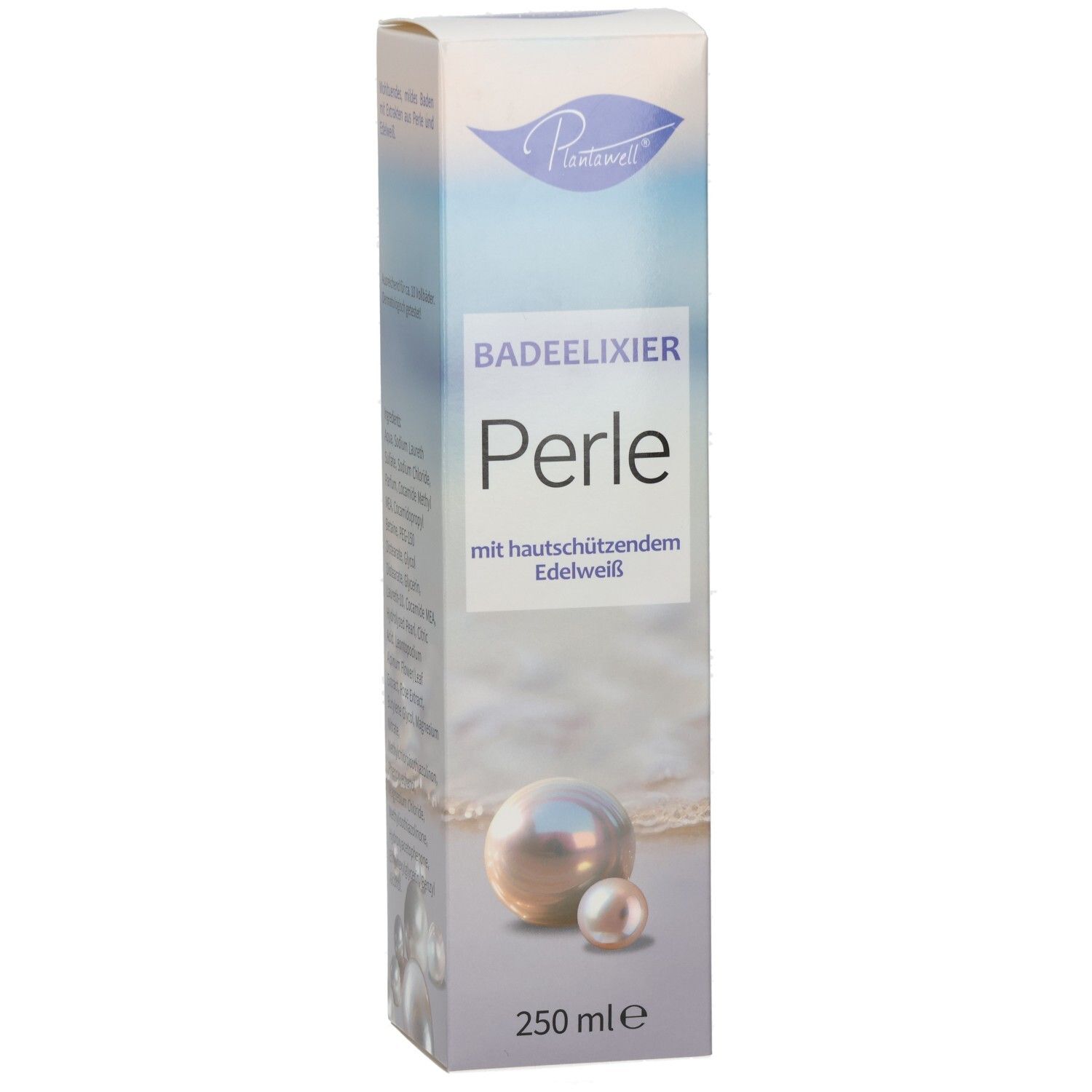 Karton Plantawell Badeelixier Perle, weiß, blau. Perlen-Illustration. Text: Badeelixier Perle, mit hautschützendem Edelweiß. 250 ml.