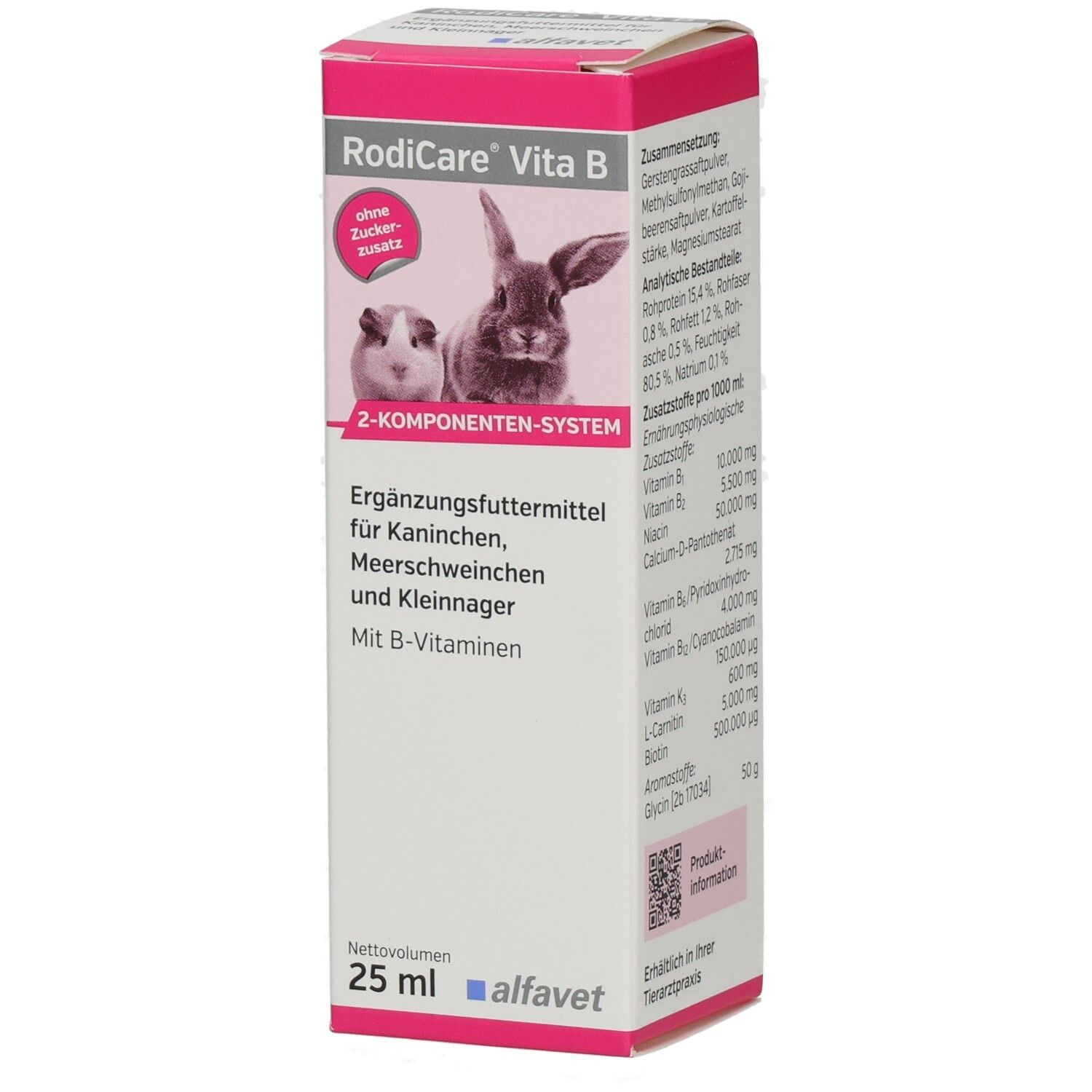 Karton RODICARE VITA B. Rosa-weiß. Kaninchen, Meerschweinchen abgebildet. Text: Ergänzungsfuttermittel für Kaninchen, Meerschweinchen und Kleinnager.