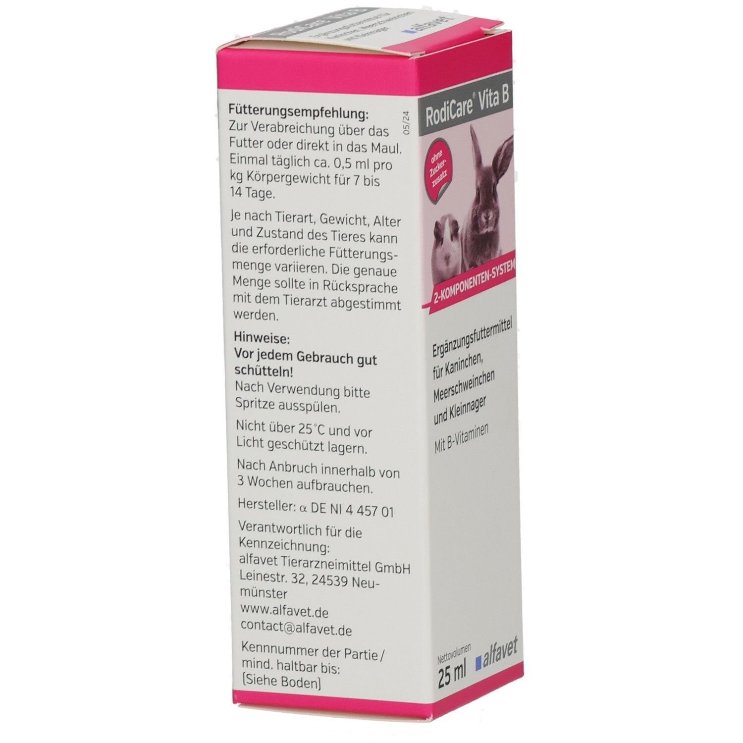 Karton RODICARE VITA B. Rückseite mit Text. Herstellerinformationen, Gebrauchsanweisung, Inhaltsstoffe. 25 ml, alfafet Logo.