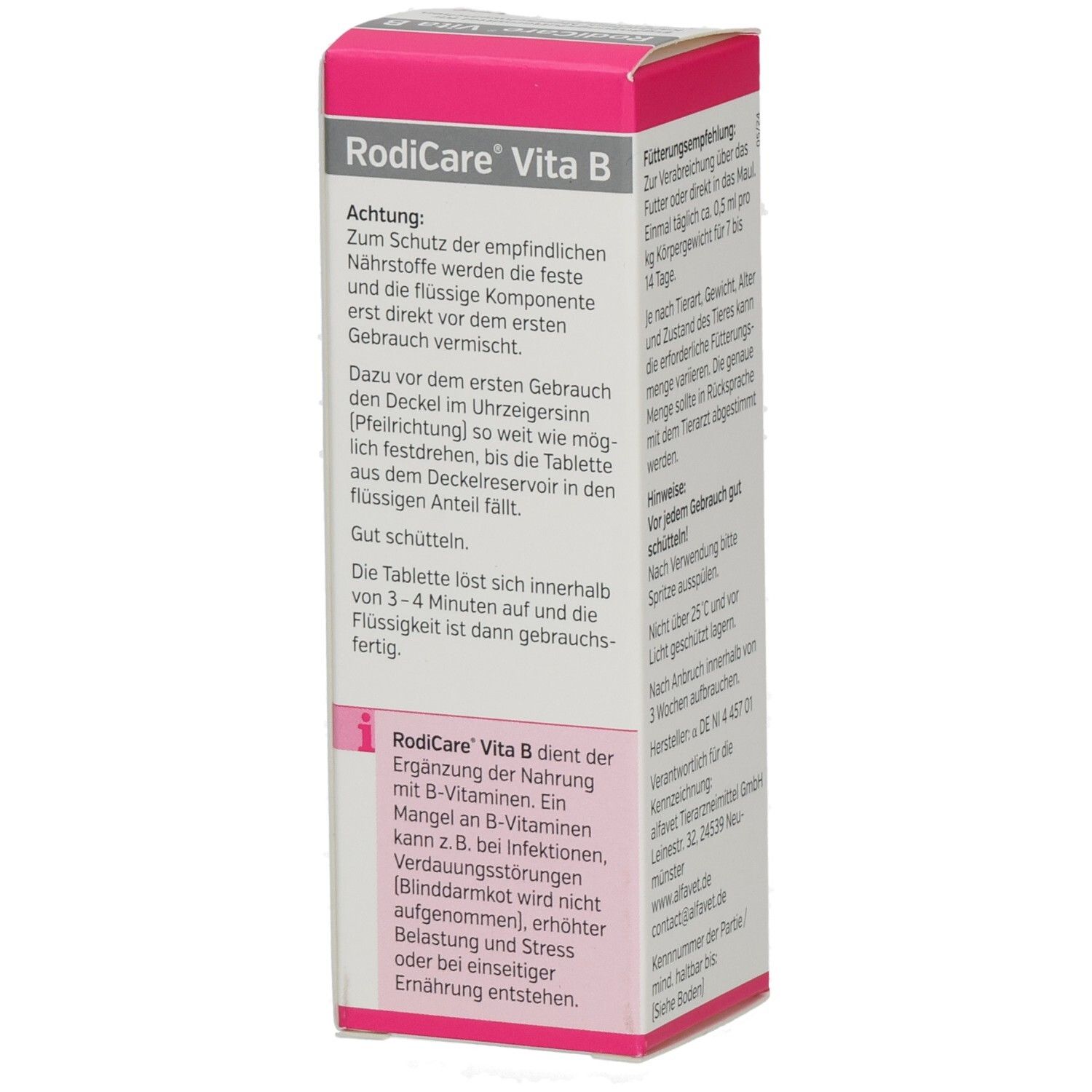 Karton RODICARE VITA B. Seite mit Text. Warnhinweise, Gebrauchsanweisung. 25 ml, alfafet Logo.