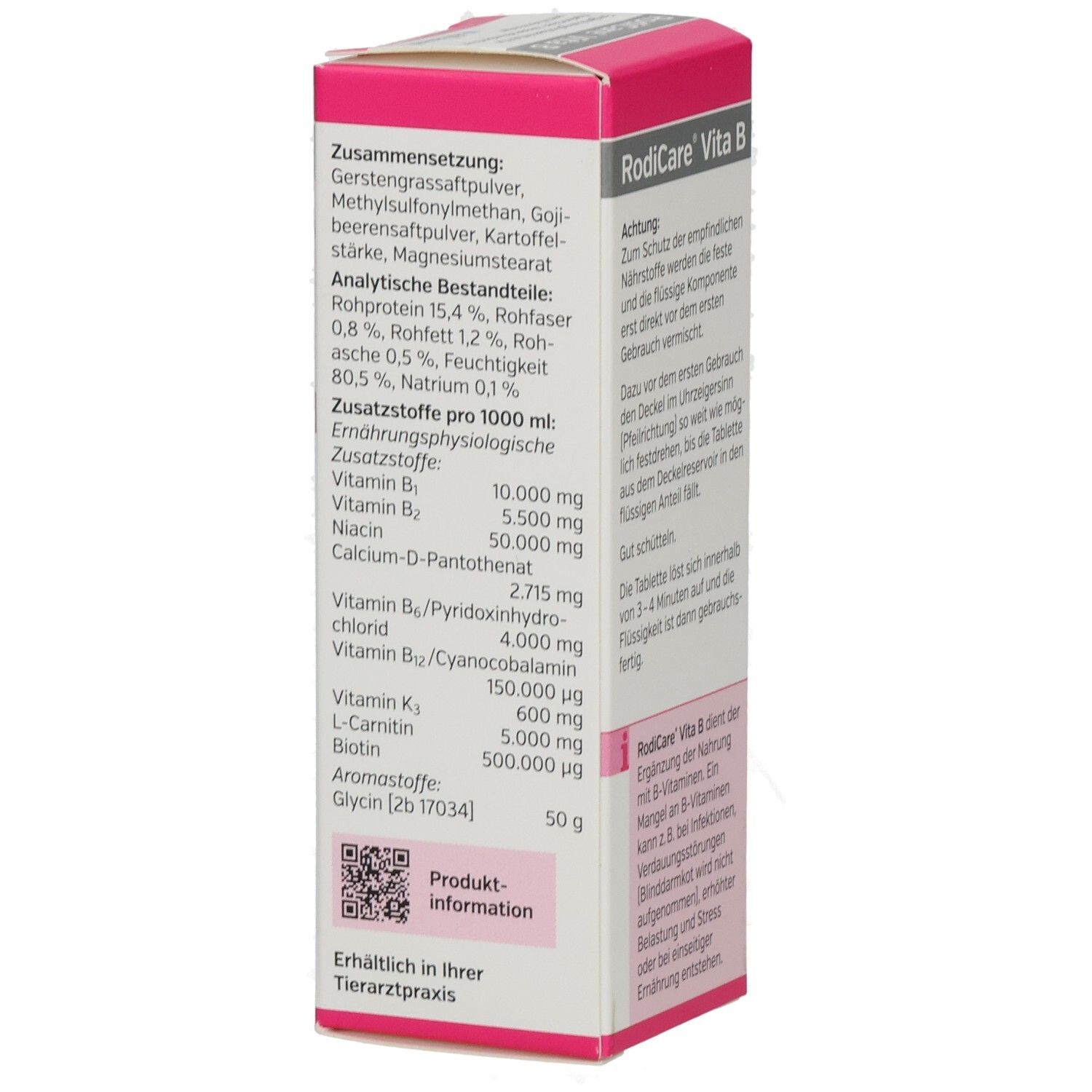 Karton RODICARE VITA B. Seite mit Text. Inhaltsstoffe, Nährwertangaben. 25 ml, alfafet Logo.