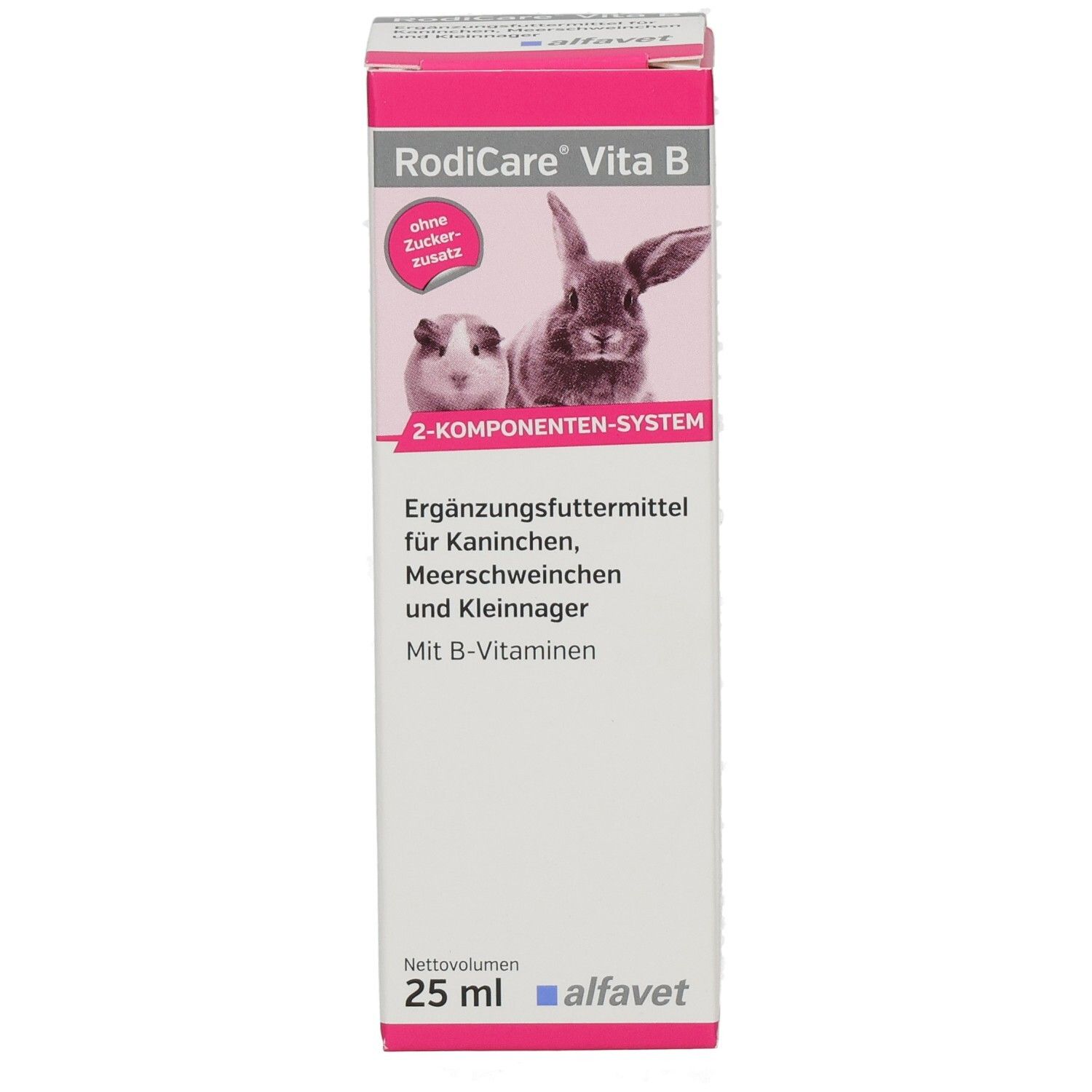 Karton RODICARE VITA B. Rosa-weiß. Kaninchen, Meerschweinchen abgebildet. Text: Ergänzungsfuttermittel für Kaninchen, Meerschweinchen und Kleinnager.