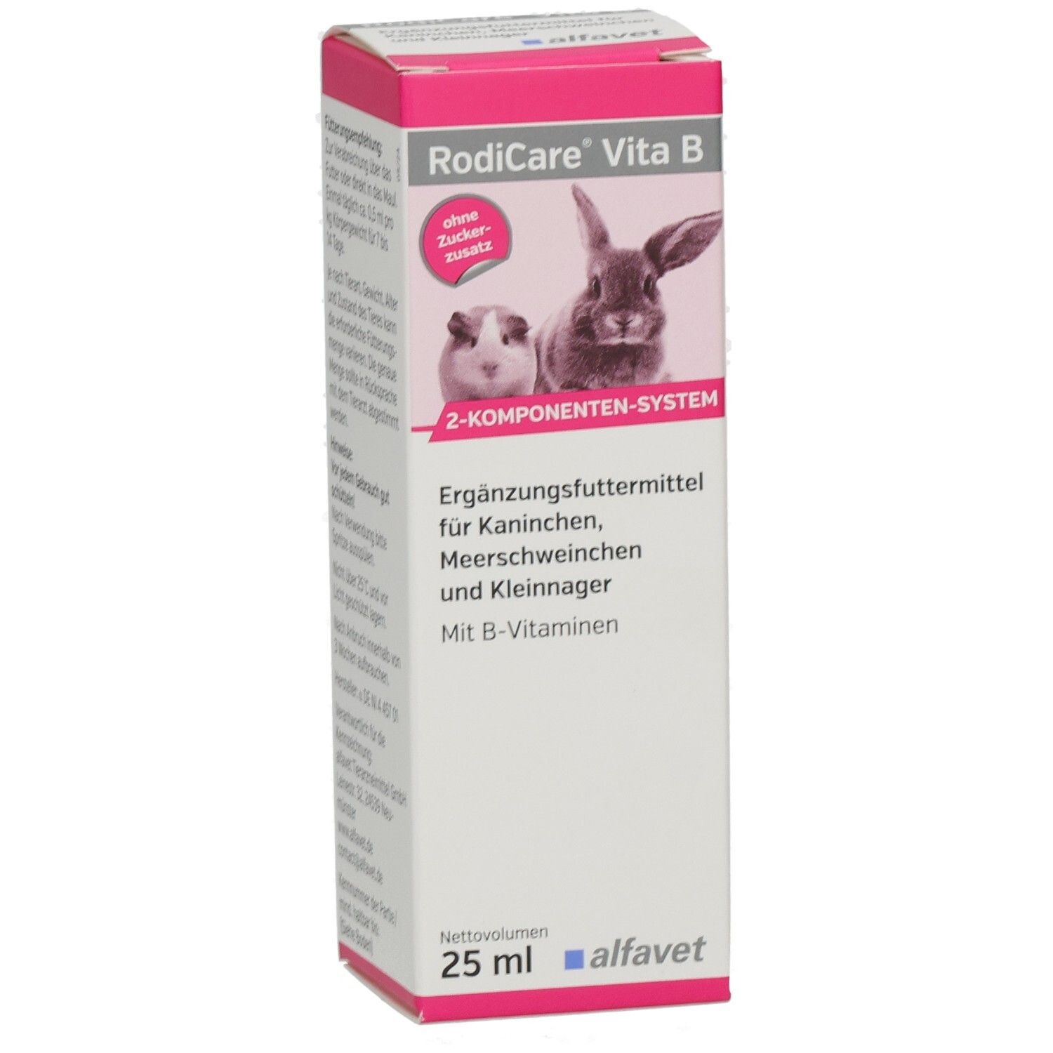Karton RODICARE VITA B. Rosa-weiß. Kaninchen, Meerschweinchen abgebildet. Text: Ergänzungsfuttermittel für Kaninchen, Meerschweinchen und Kleinnager.