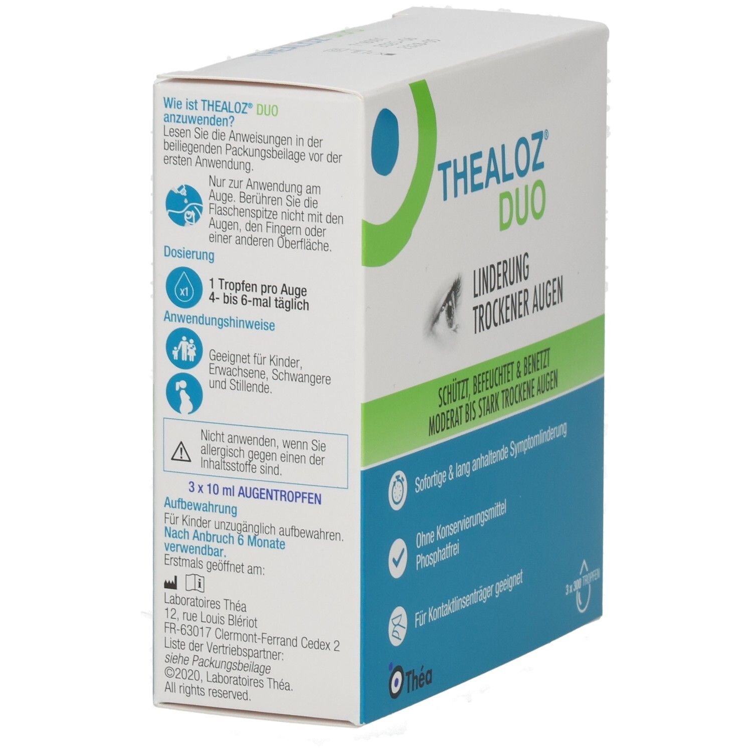 Thealoz Duo-Verpackung, Seitenansicht. Weißer Karton mit blauer und grüner Beschriftung. Text: Linderung trockener Augen. 3 x 10 ml Augentropfen.
