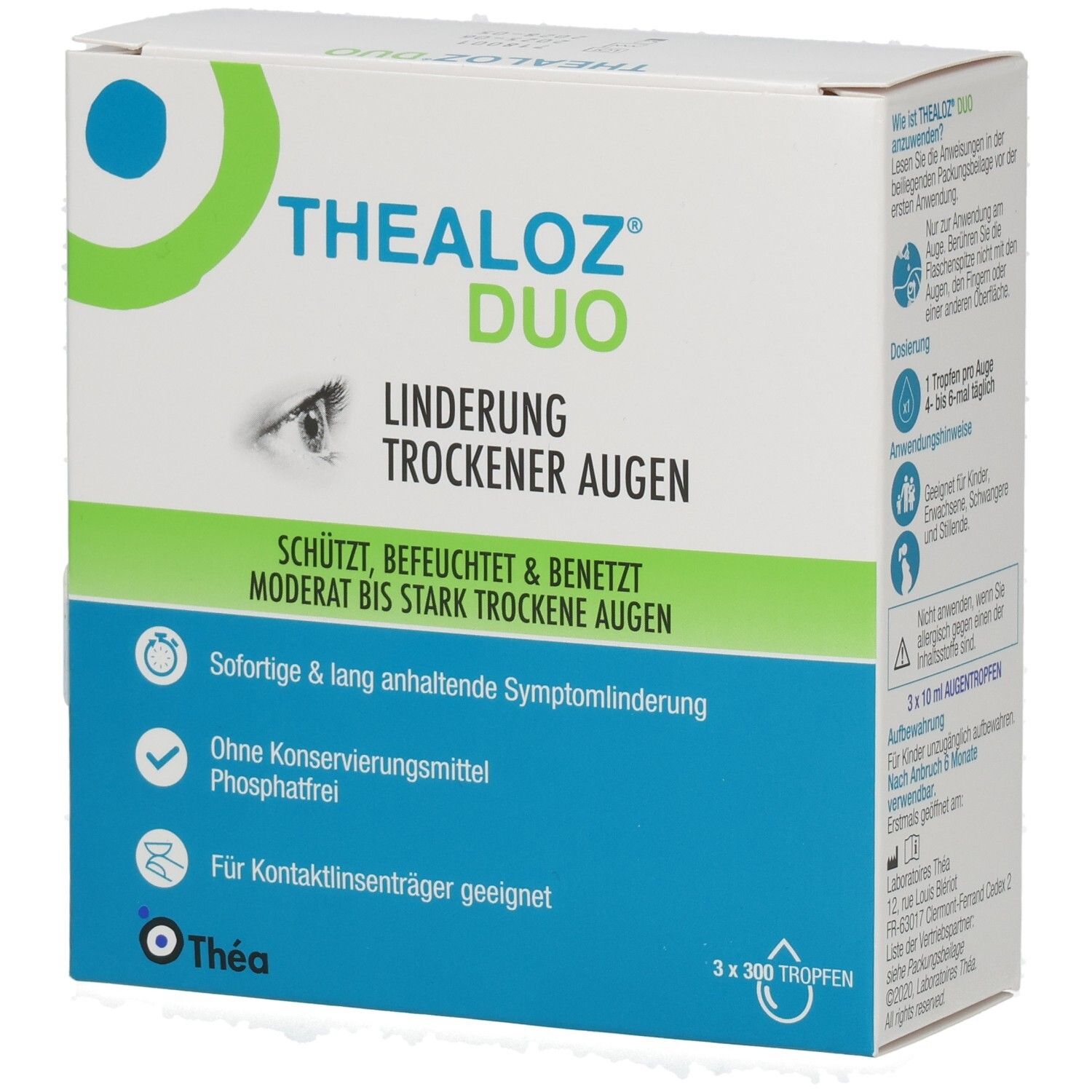 Thealoz Duo Augentropfen-Verpackung. Weißer Karton mit blauer und grüner Beschriftung. Text: Linderung trockener Augen. 3 x 300 Tropfen.
