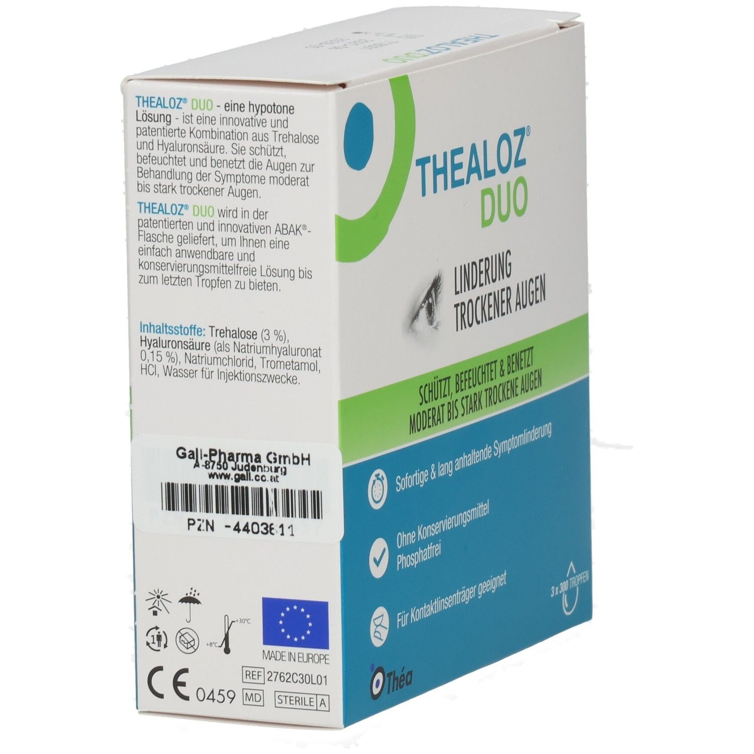 Thealoz Duo-Verpackung, Detailansicht. Weißer Karton mit blauer und grüner Beschriftung. Text: Linderung trockener Augen. Inhaltsstoffe.